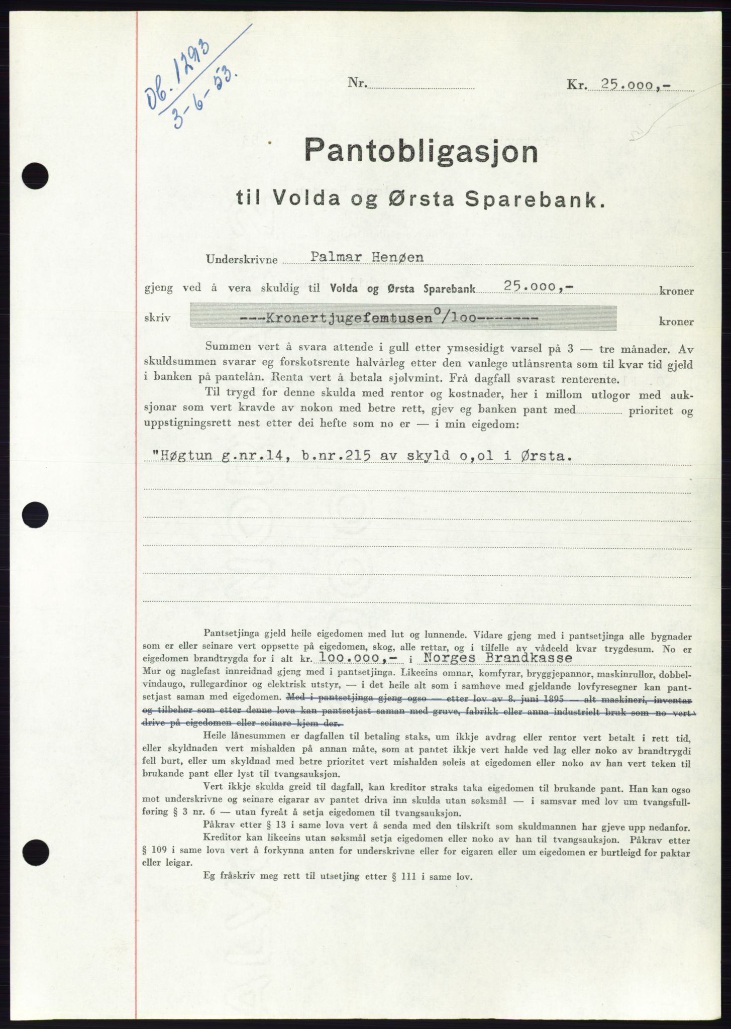 Søre Sunnmøre sorenskriveri, AV/SAT-A-4122/1/2/2C/L0123: Mortgage book no. 11B, 1953-1953, Diary no: : 1293/1953