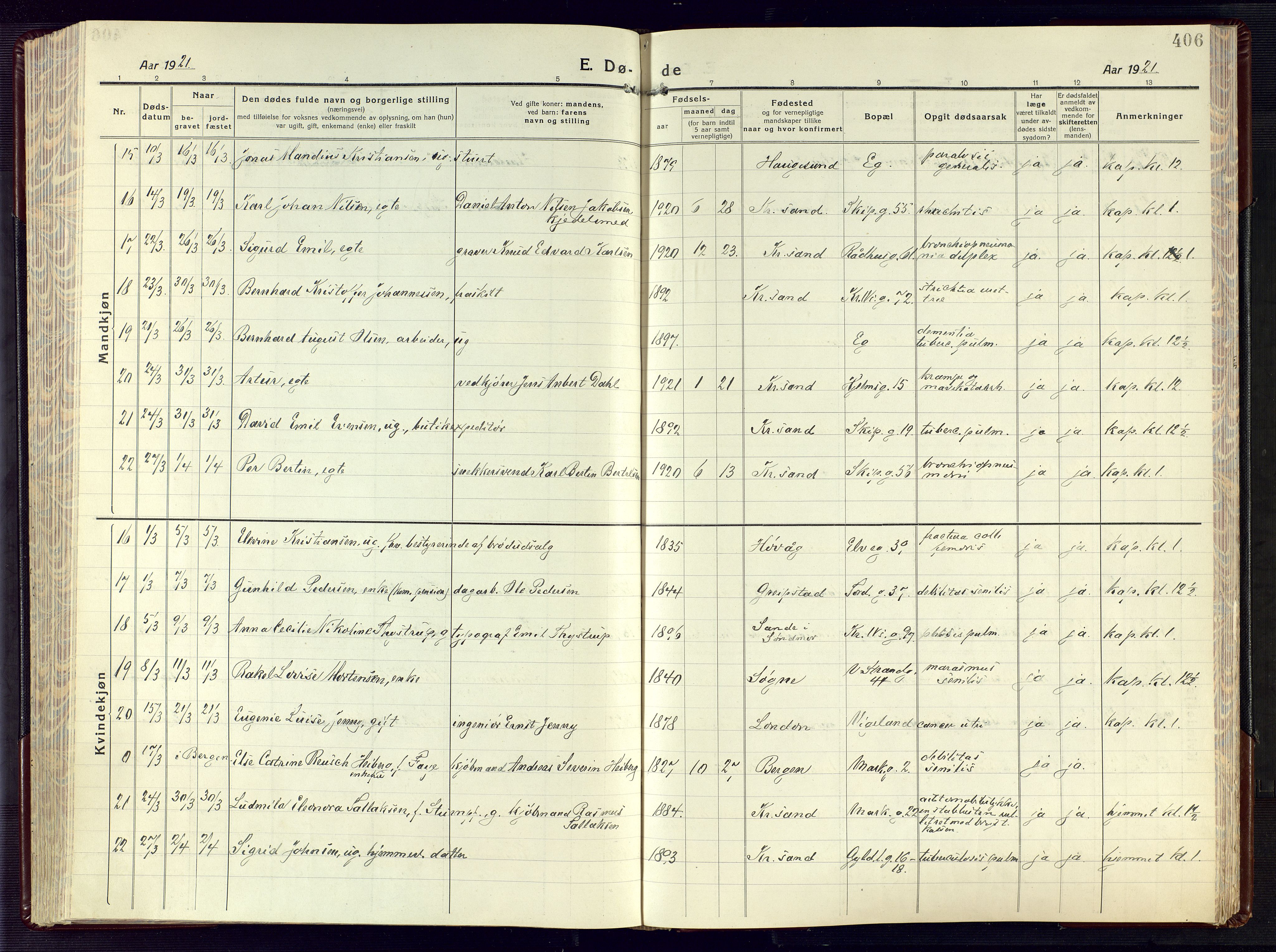 Kristiansand domprosti, AV/SAK-1112-0006/F/Fa/L0028: Parish register (official) no. A 27, 1917-1926, p. 406