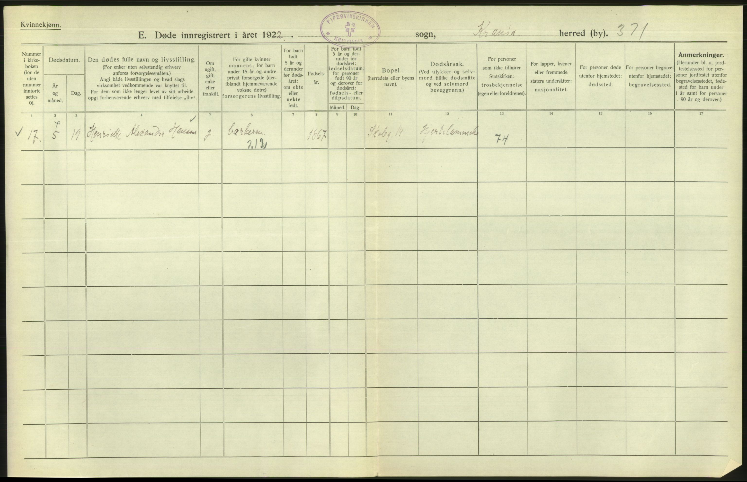 Statistisk sentralbyrå, Sosiodemografiske emner, Befolkning, AV/RA-S-2228/D/Df/Dfc/Dfcb/L0010: Kristiania: Døde, dødfødte, 1922, p. 544