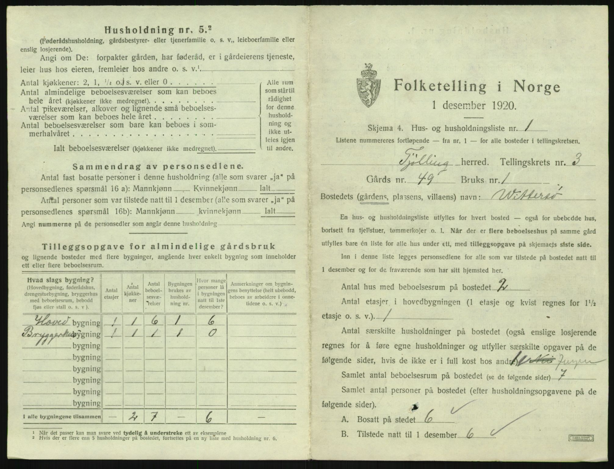 SAKO, 1920 census for Tjølling, 1920, p. 967