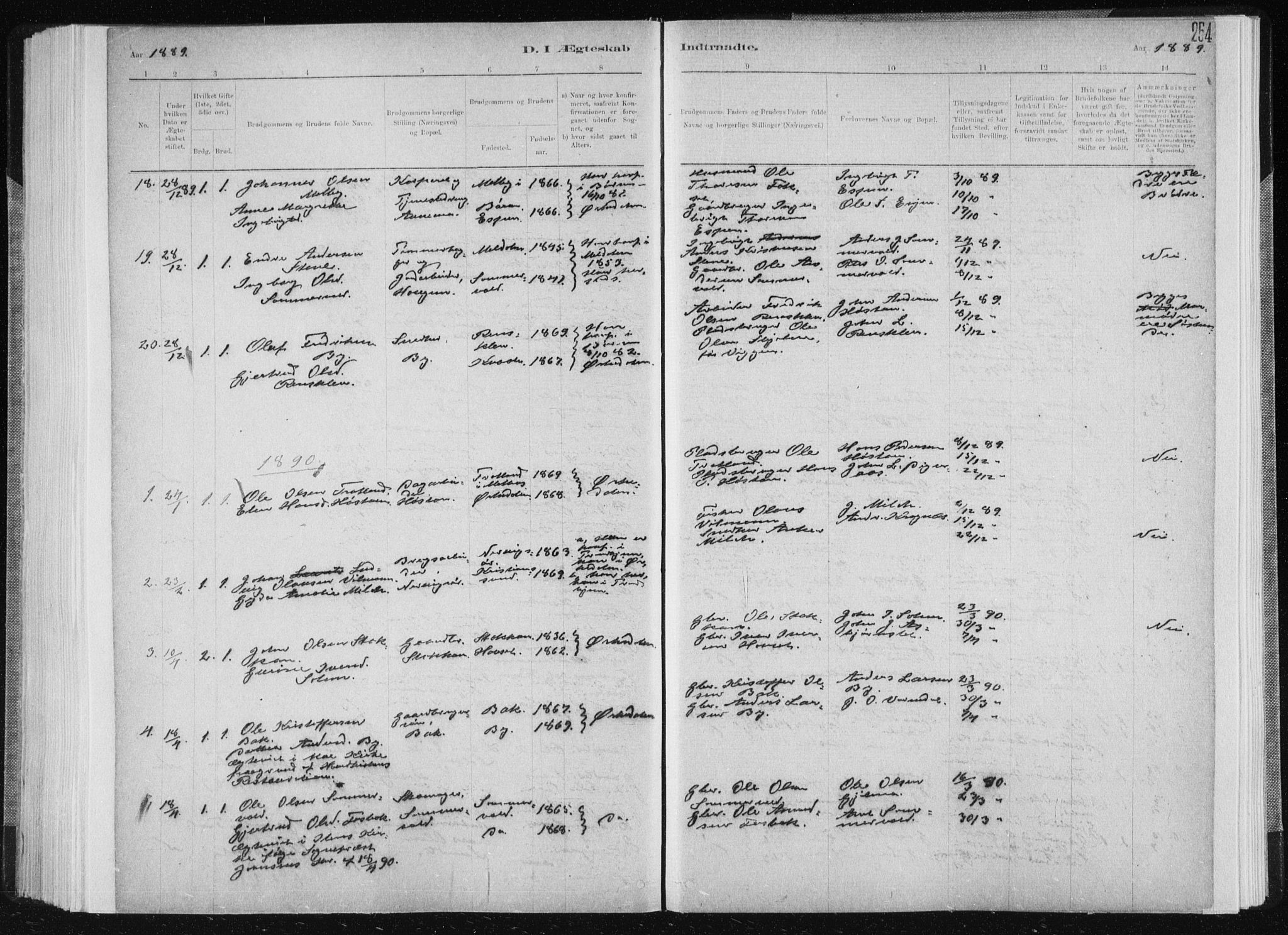 Ministerialprotokoller, klokkerbøker og fødselsregistre - Sør-Trøndelag, SAT/A-1456/668/L0818: Parish register (copy) no. 668C07, 1885-1898, p. 254
