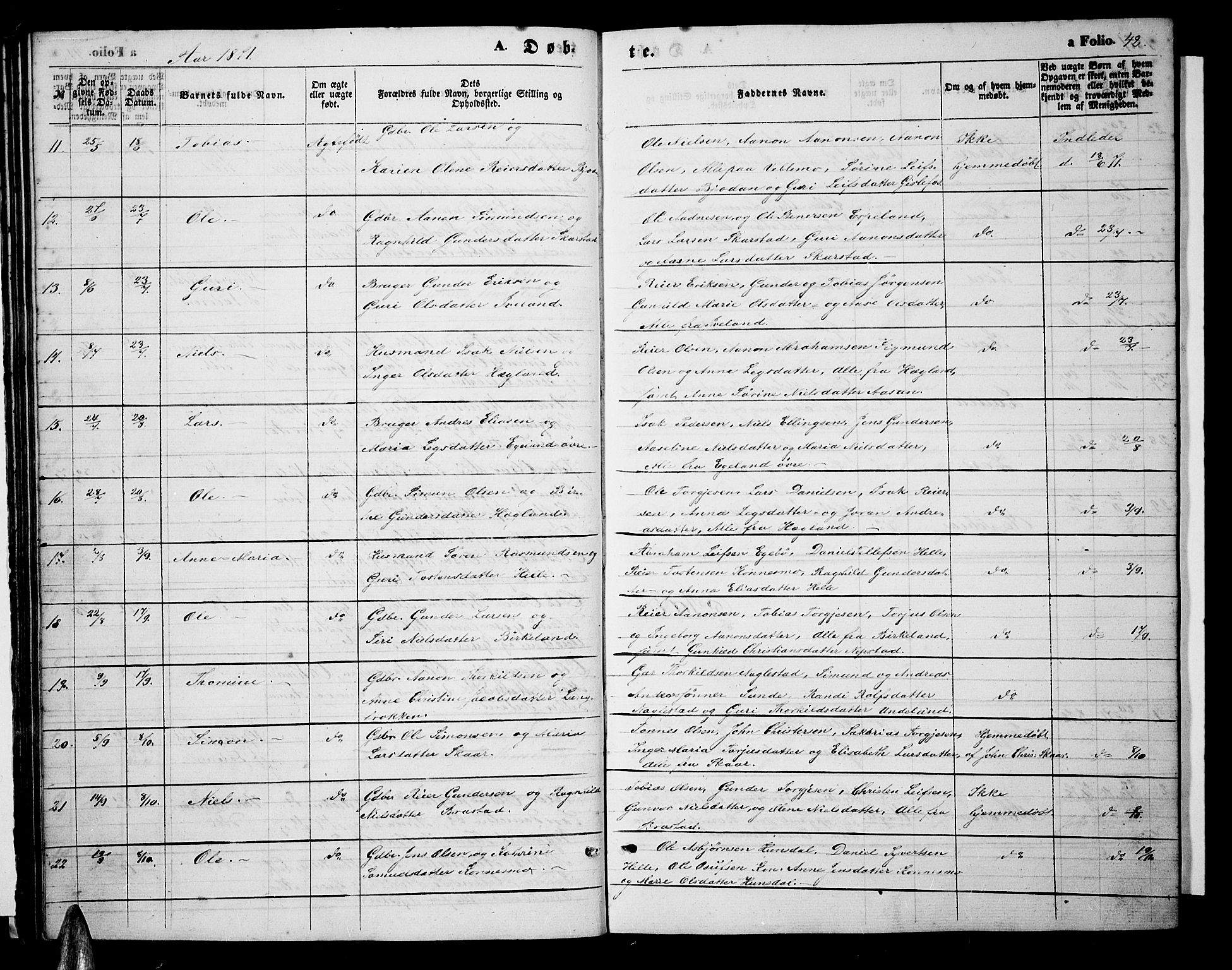 Nord-Audnedal sokneprestkontor, AV/SAK-1111-0032/F/Fb/Fba/L0002: Parish register (copy) no. B 2, 1856-1882, p. 42