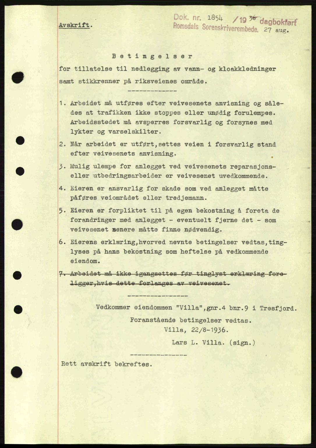 Romsdal sorenskriveri, AV/SAT-A-4149/1/2/2C: Mortgage book no. A1, 1936-1936, Diary no: : 1854/1936