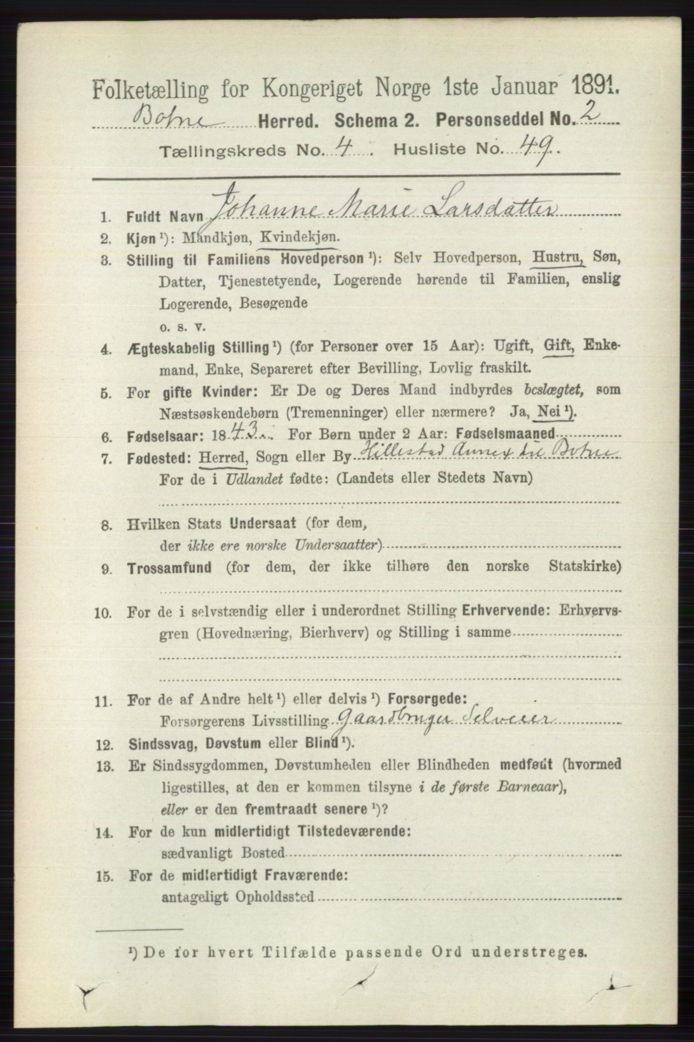 RA, 1891 census for 0715 Botne, 1891, p. 1881