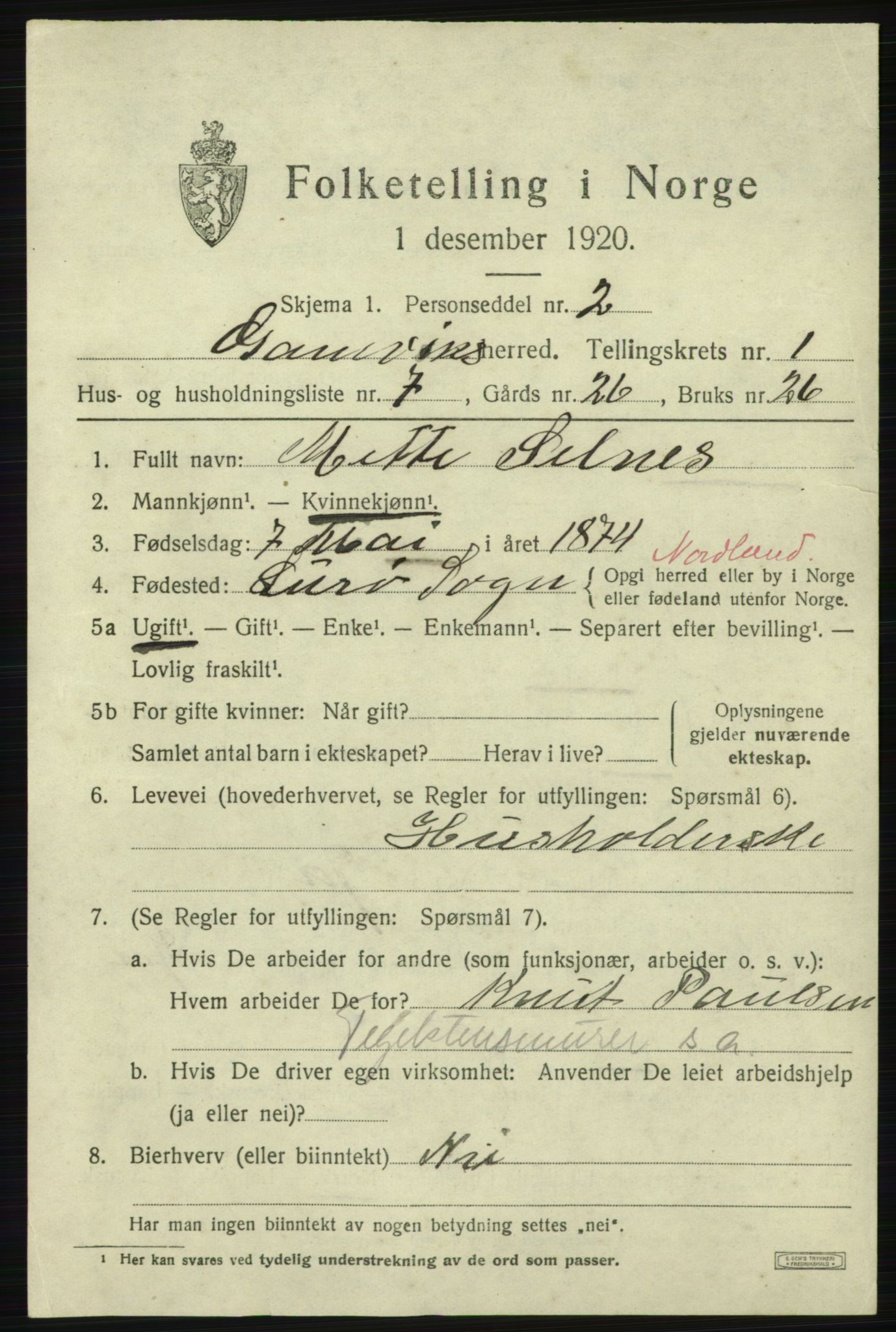 SATØ, 1920 census for Gamvik, 1920, p. 596