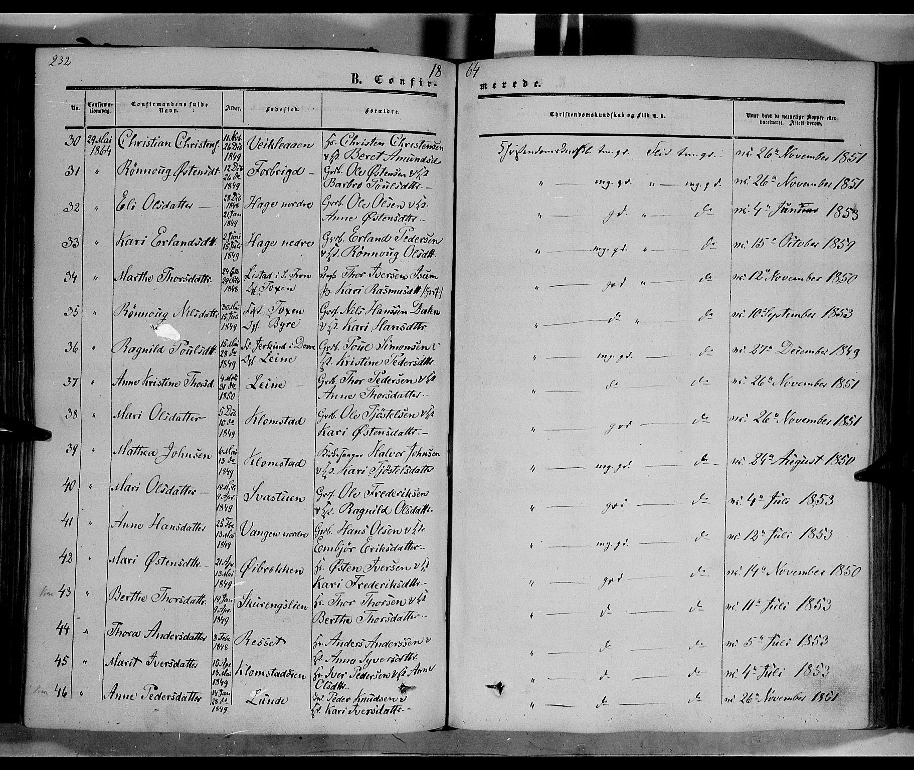 Nord-Fron prestekontor, AV/SAH-PREST-080/H/Ha/Haa/L0001: Parish register (official) no. 1, 1851-1864, p. 232