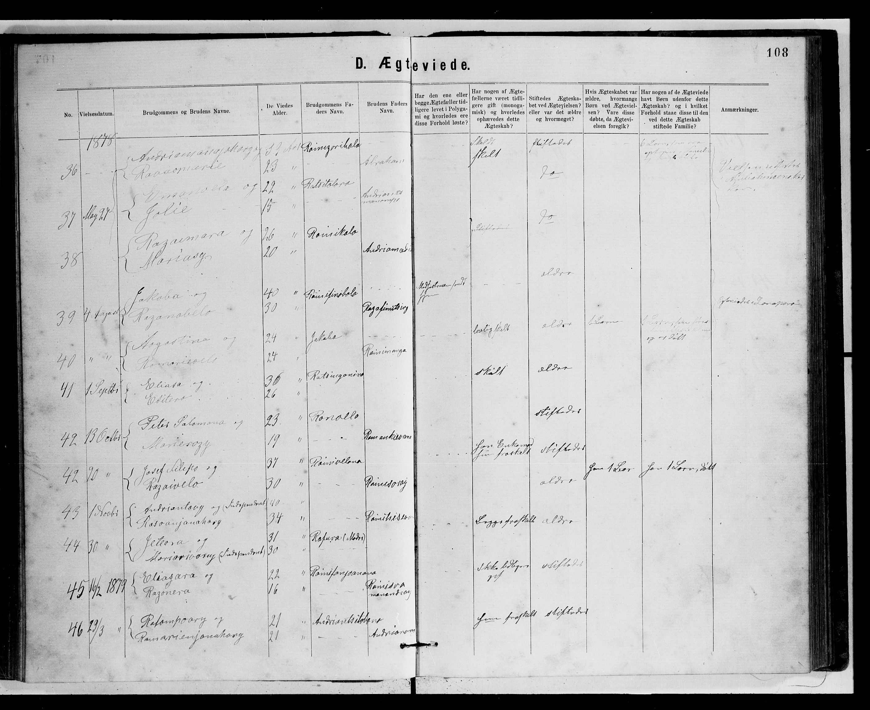 Archives FLM/NMS, Madagaskar, VID/MA-A-1163/D/Db/L0269: Parish register (official) no. 1, 1867-1884, p. 108