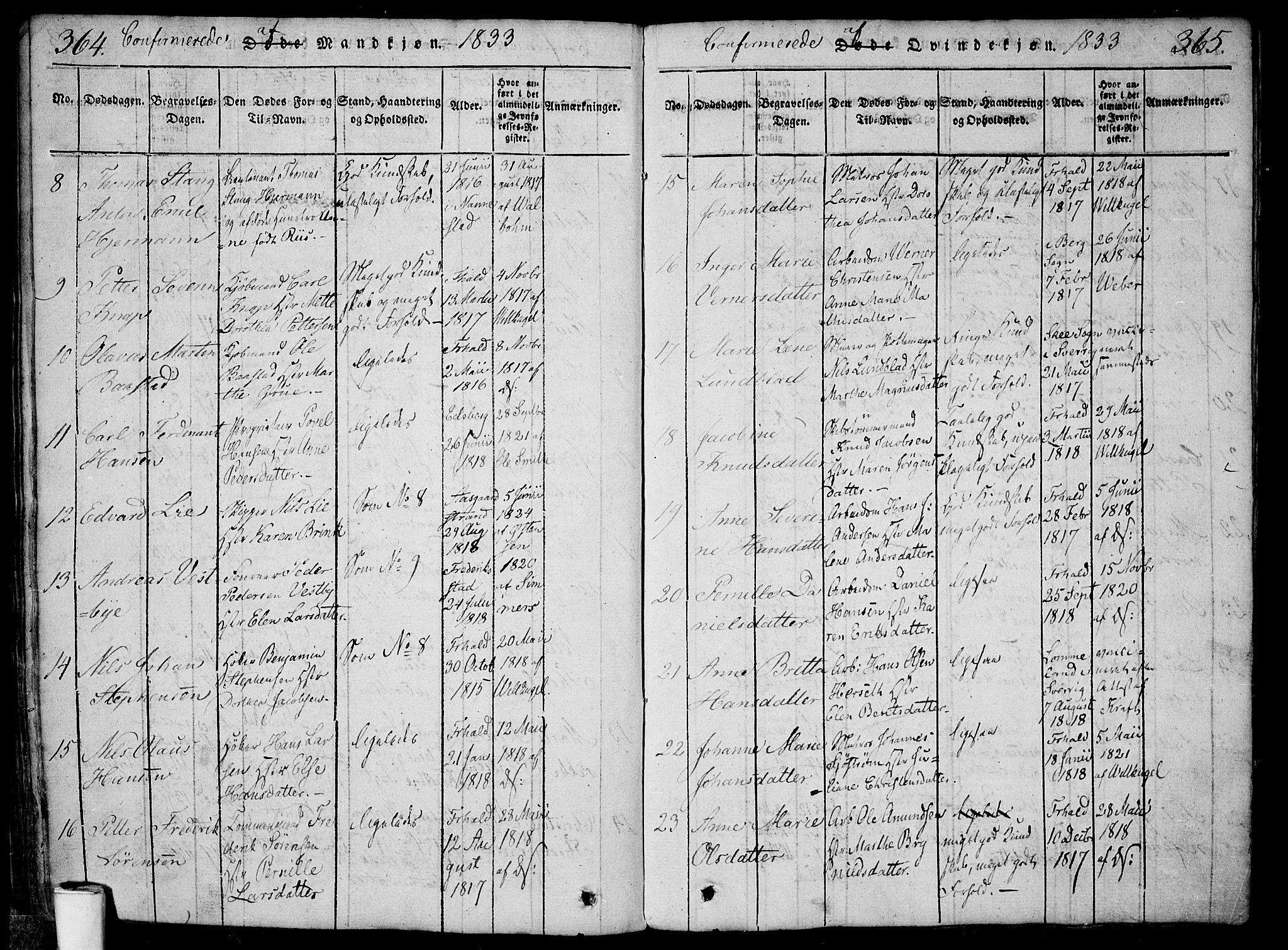 Halden prestekontor Kirkebøker, AV/SAO-A-10909/F/Fa/L0003: Parish register (official) no. I 3, 1815-1834, p. 364-365