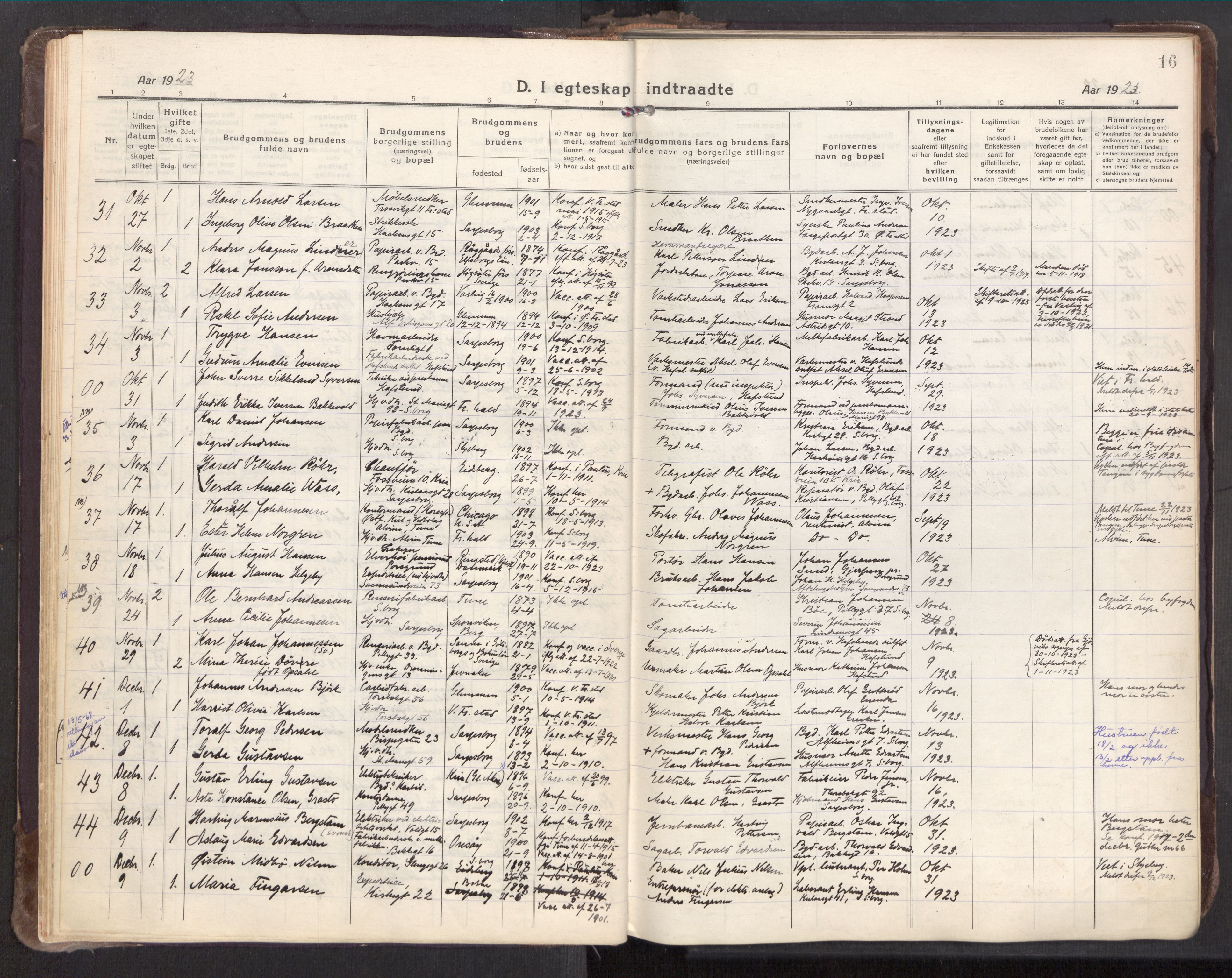 Sarpsborg prestekontor Kirkebøker, AV/SAO-A-2006/F/Fa/L0009: Parish register (official) no. 9, 1919-1931, p. 16