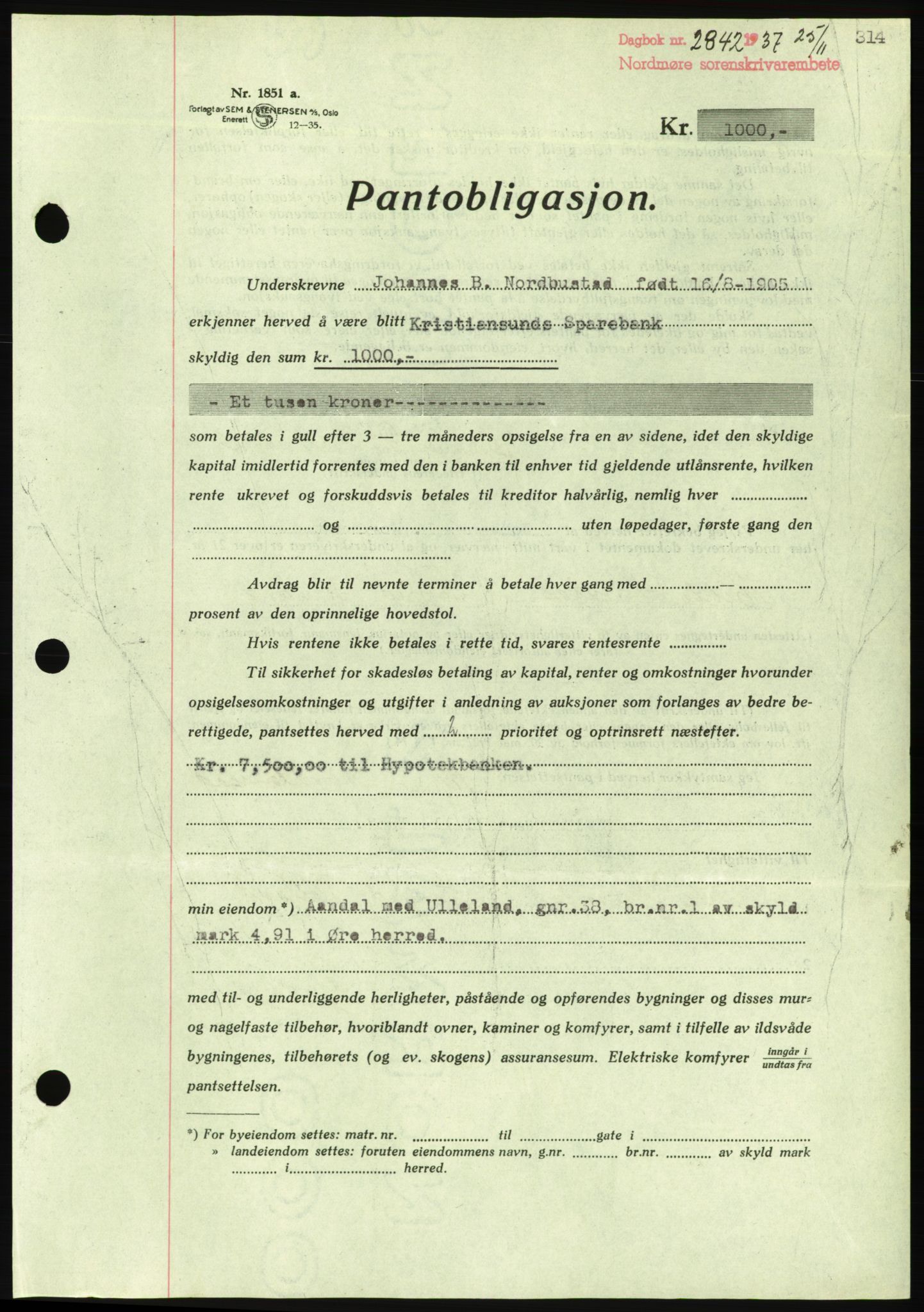 Nordmøre sorenskriveri, AV/SAT-A-4132/1/2/2Ca/L0092: Mortgage book no. B82, 1937-1938, Diary no: : 2842/1937