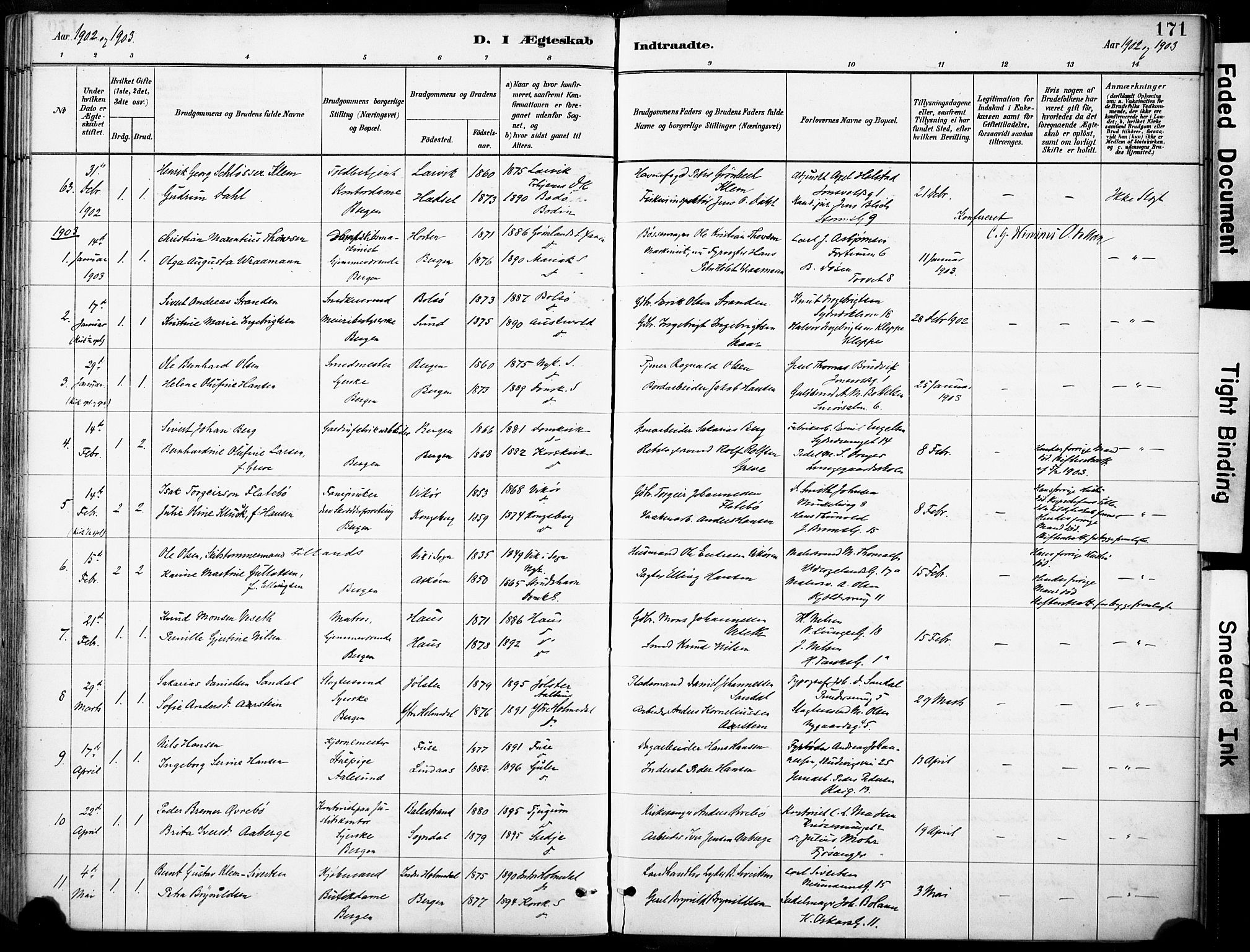 Domkirken sokneprestembete, SAB/A-74801/H/Haa/L0037: Parish register (official) no. D 4, 1880-1907, p. 171