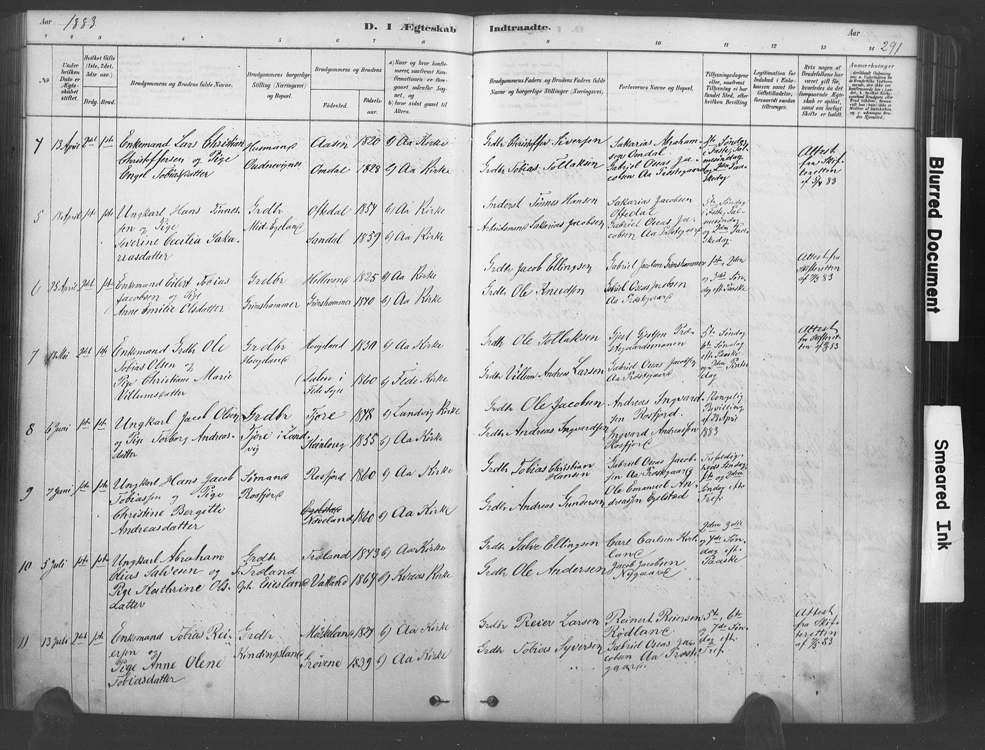 Lyngdal sokneprestkontor, AV/SAK-1111-0029/F/Fa/Fac/L0011: Parish register (official) no. A 11, 1878-1893, p. 291