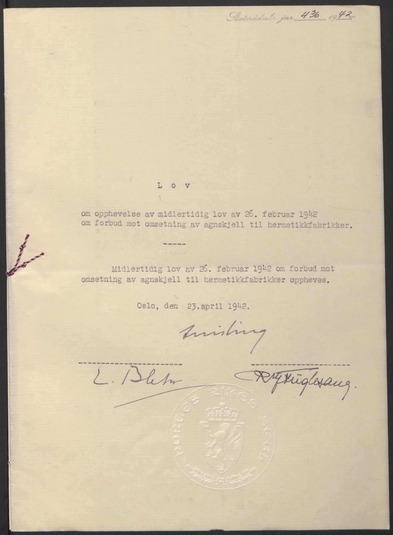 NS-administrasjonen 1940-1945 (Statsrådsekretariatet, de kommisariske statsråder mm), RA/S-4279/D/Db/L0097: Lover I, 1942, p. 321
