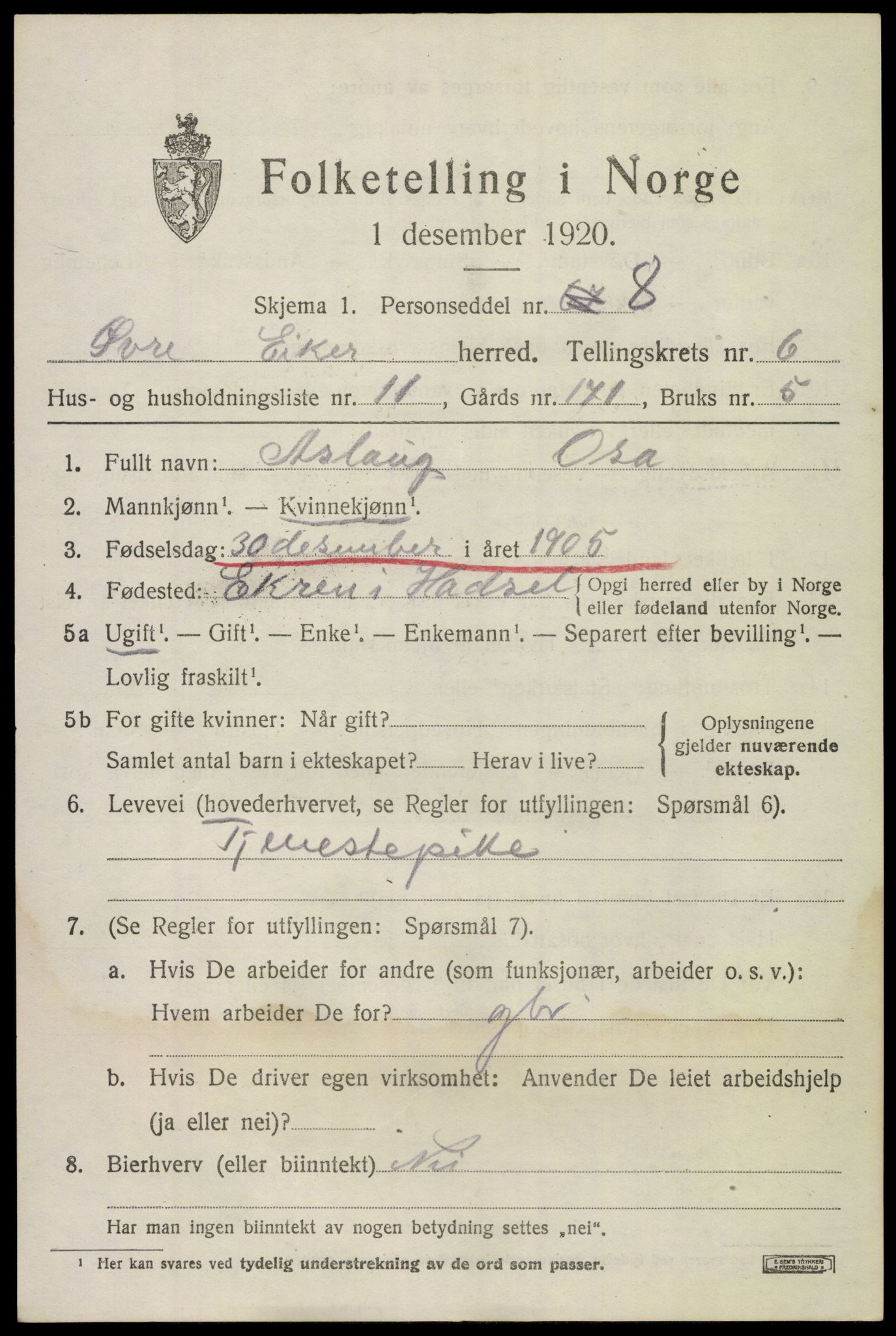 SAKO, 1920 census for Øvre Eiker, 1920, p. 12910