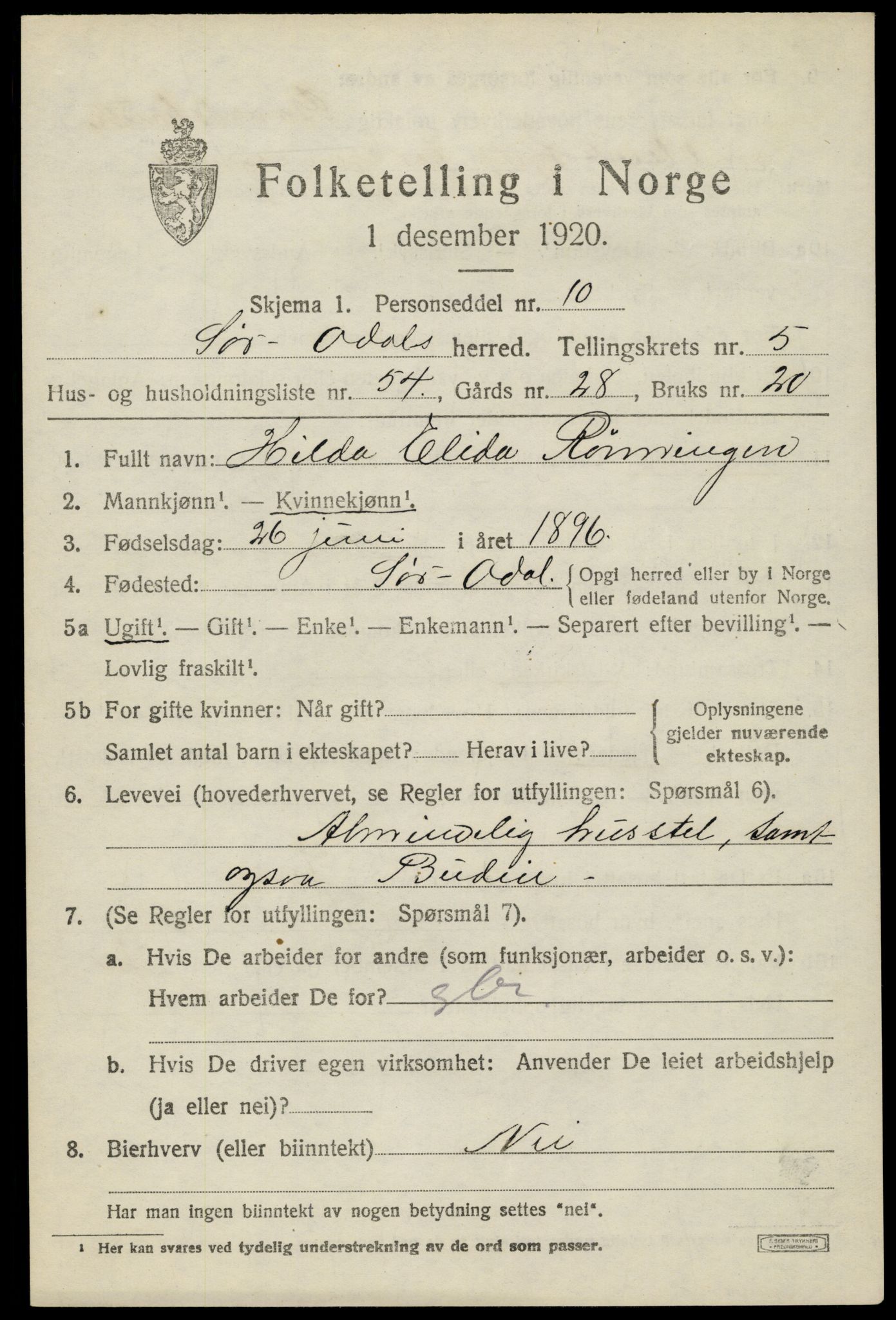 SAH, 1920 census for Sør-Odal, 1920, p. 6663