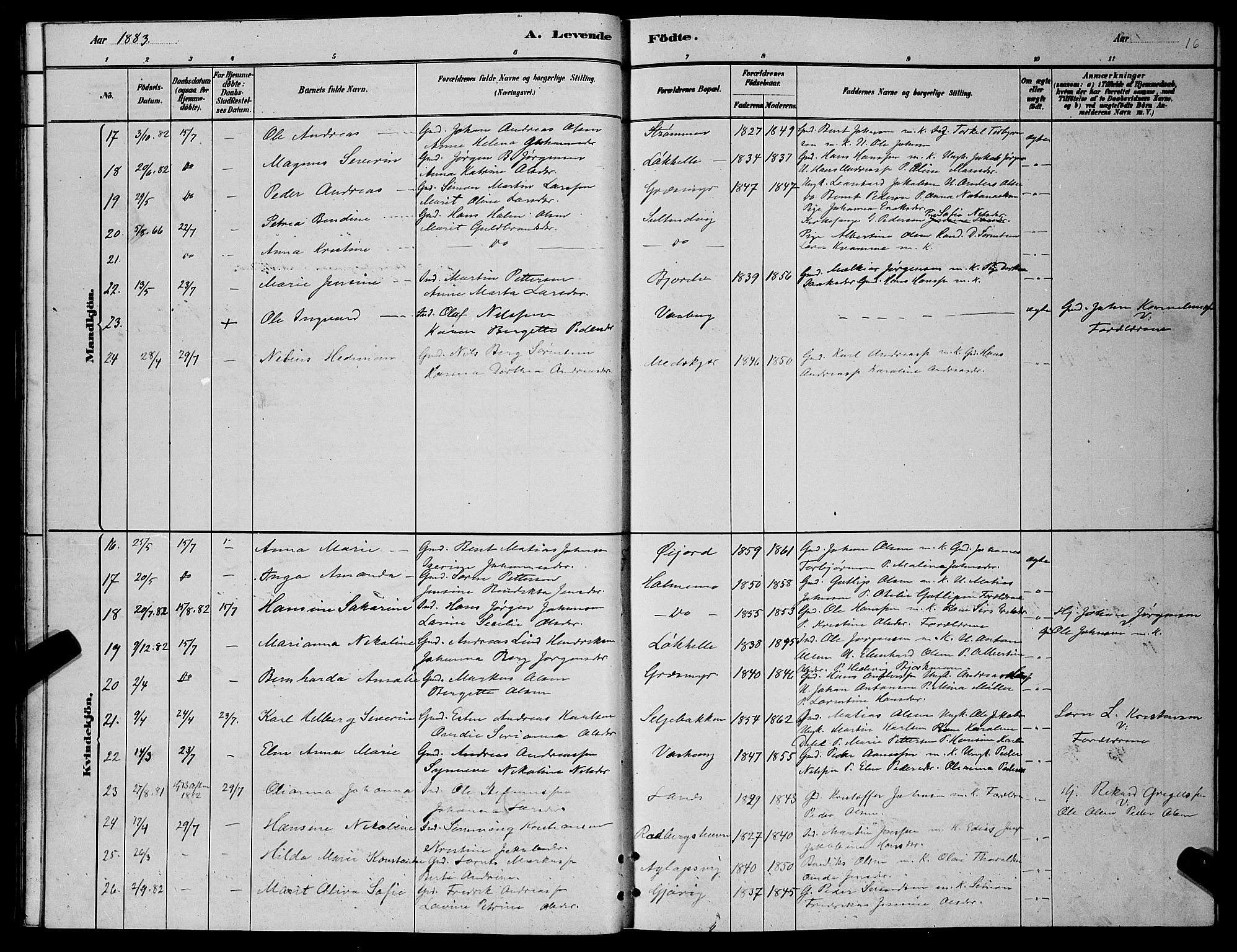 Lenvik sokneprestembete, AV/SATØ-S-1310/H/Ha/Hab/L0006klokker: Parish register (copy) no. 6, 1881-1889, p. 16