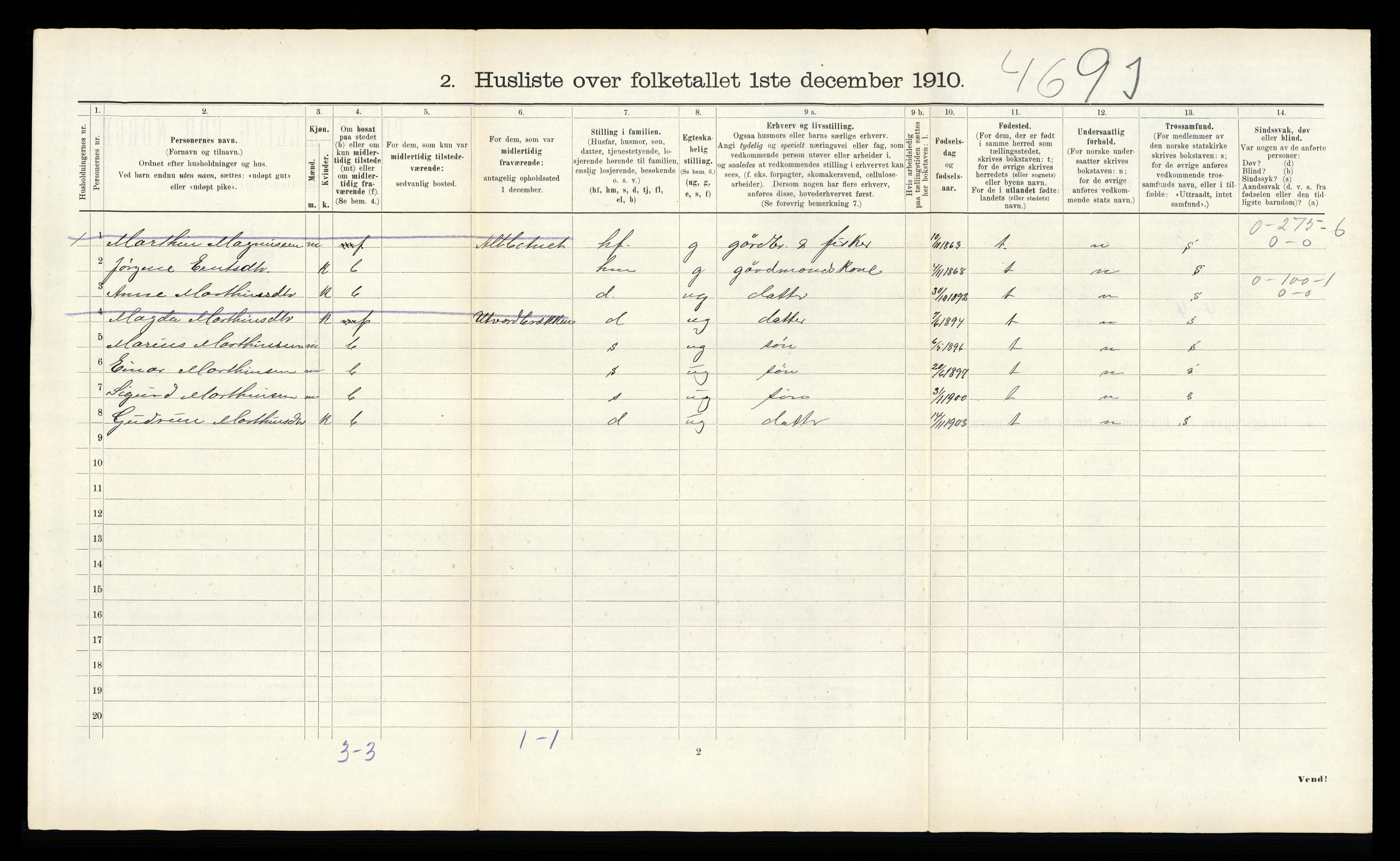 RA, 1910 census for Flatanger, 1910, p. 632