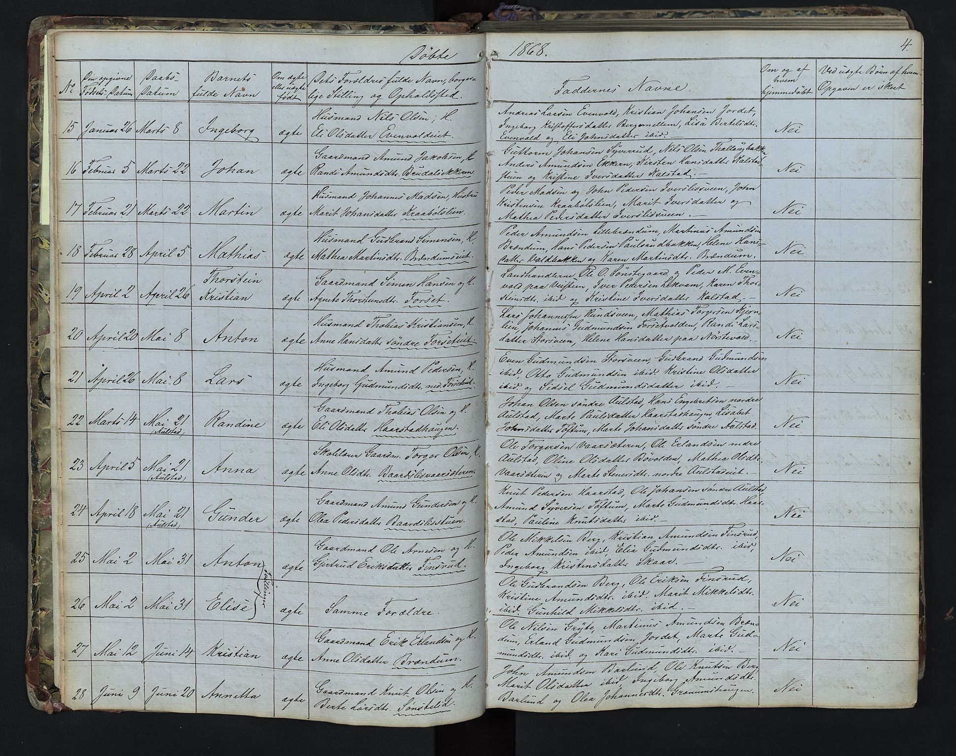Vestre Gausdal prestekontor, SAH/PREST-094/H/Ha/Hab/L0001: Parish register (copy) no. 1, 1867-1895, p. 4