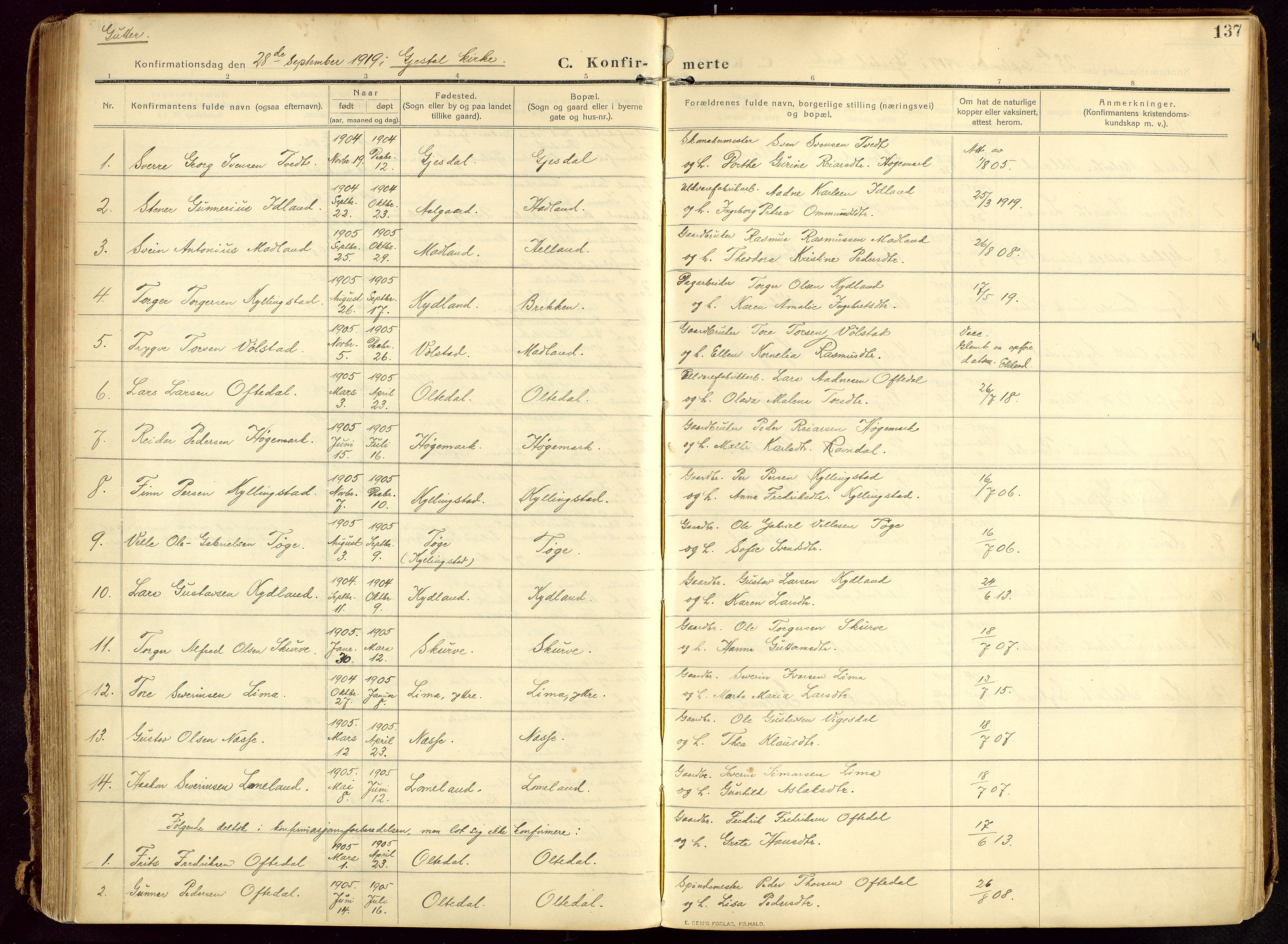 Lye sokneprestkontor, AV/SAST-A-101794/002/B/L0001: Parish register (official) no. A 13, 1910-1925, p. 137