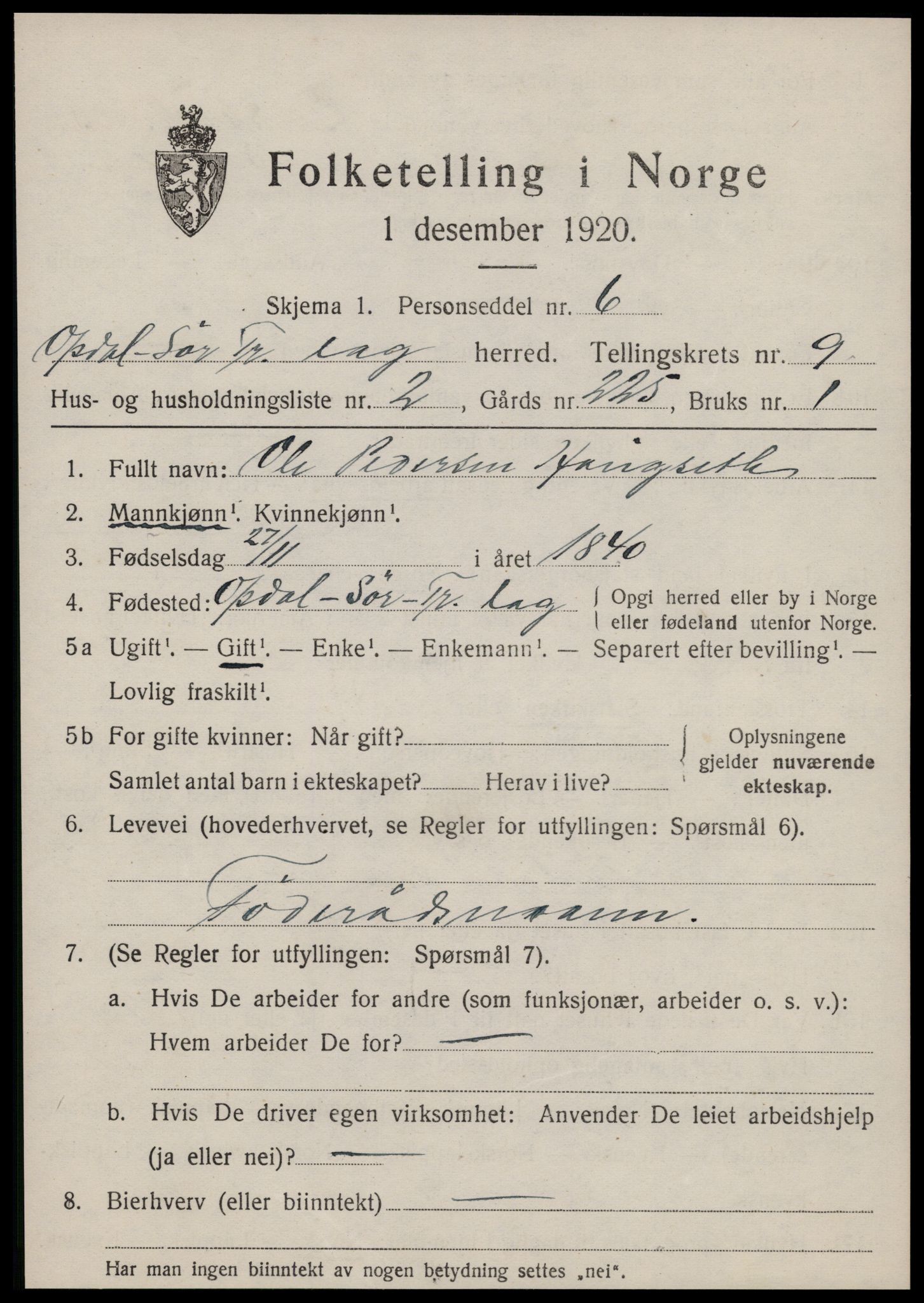 SAT, 1920 census for Oppdal, 1920, p. 7145