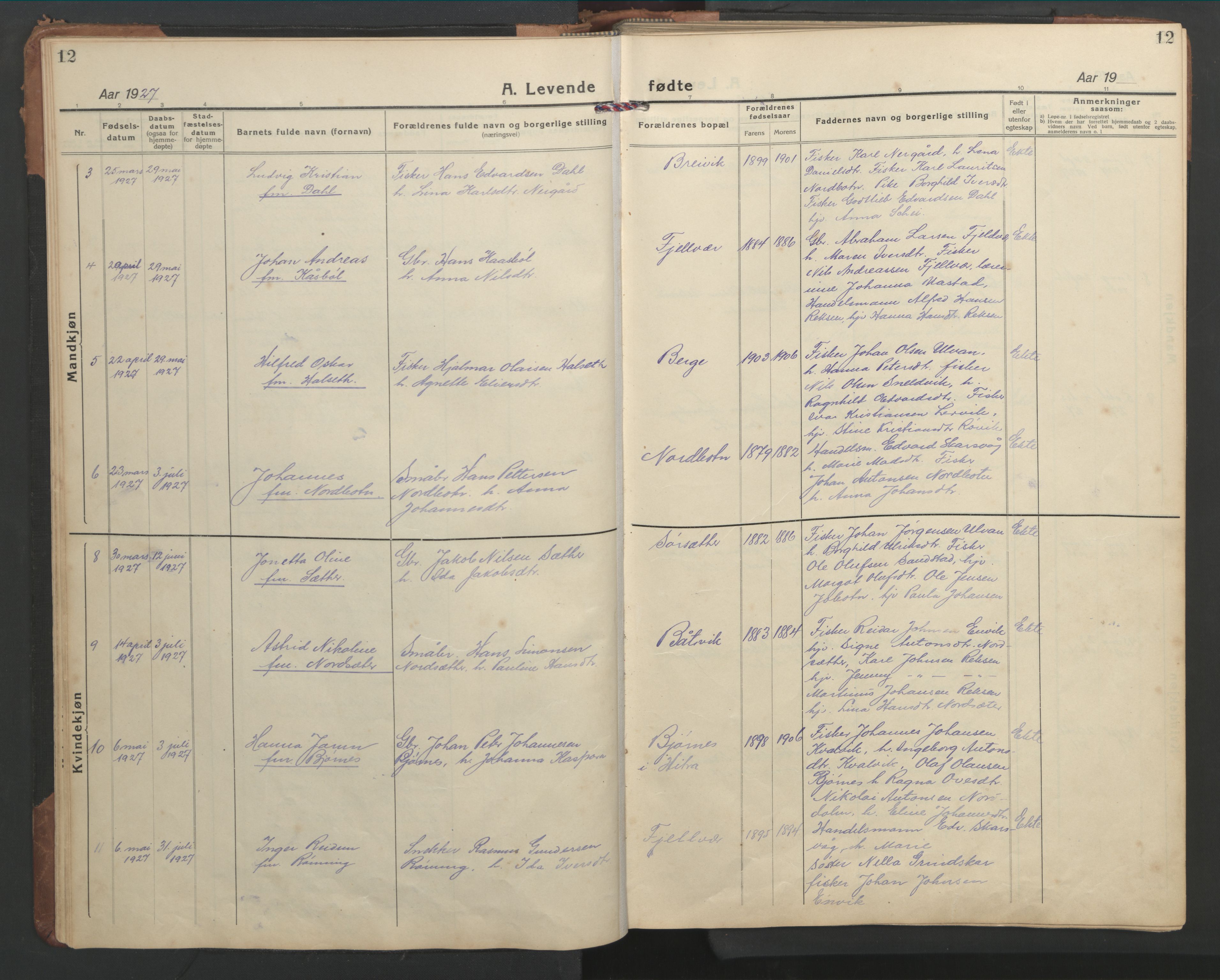 Ministerialprotokoller, klokkerbøker og fødselsregistre - Sør-Trøndelag, SAT/A-1456/638/L0569: Parish register (copy) no. 638C01, 1923-1961, p. 12