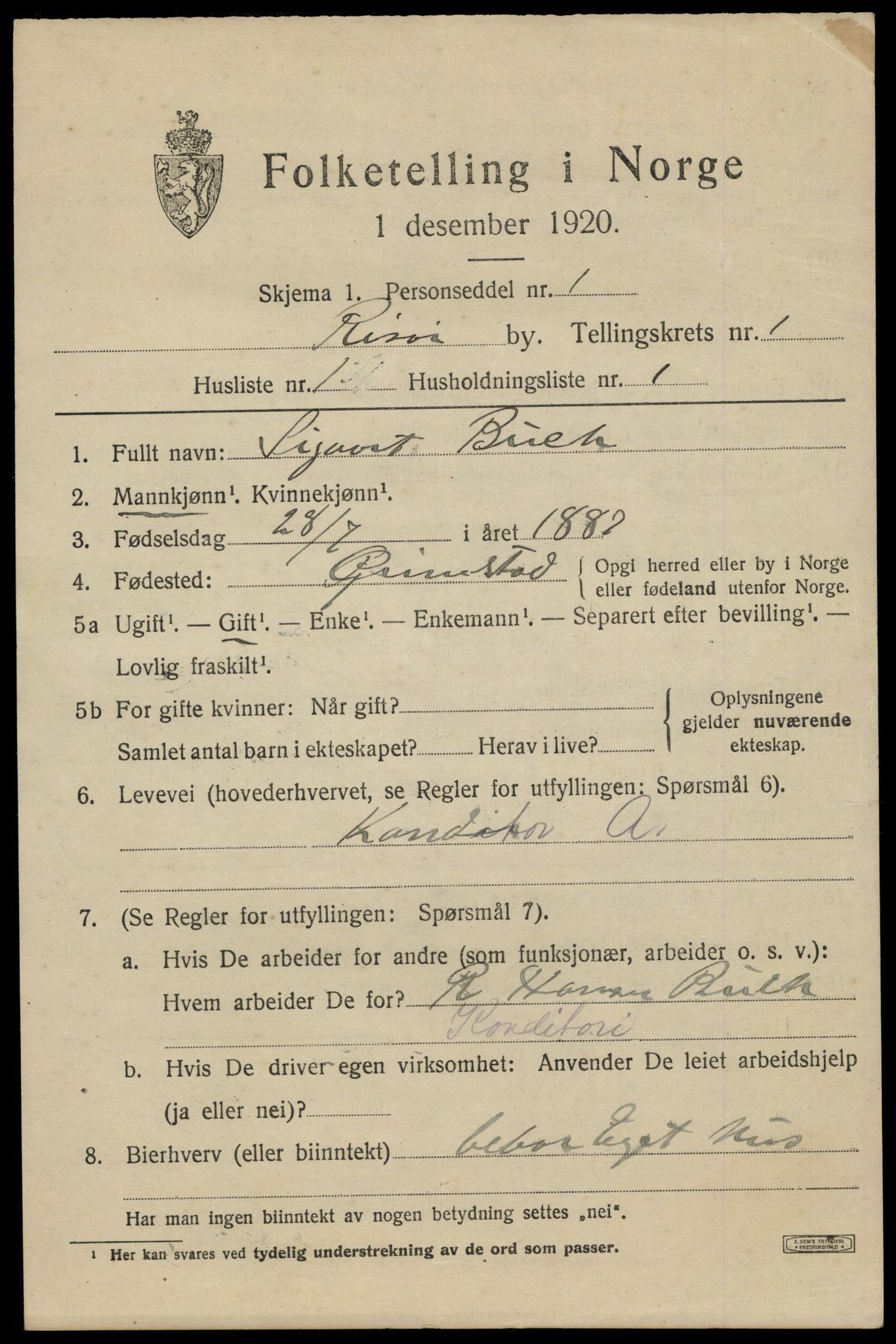 SAK, 1920 census for Risør, 1920, p. 3047