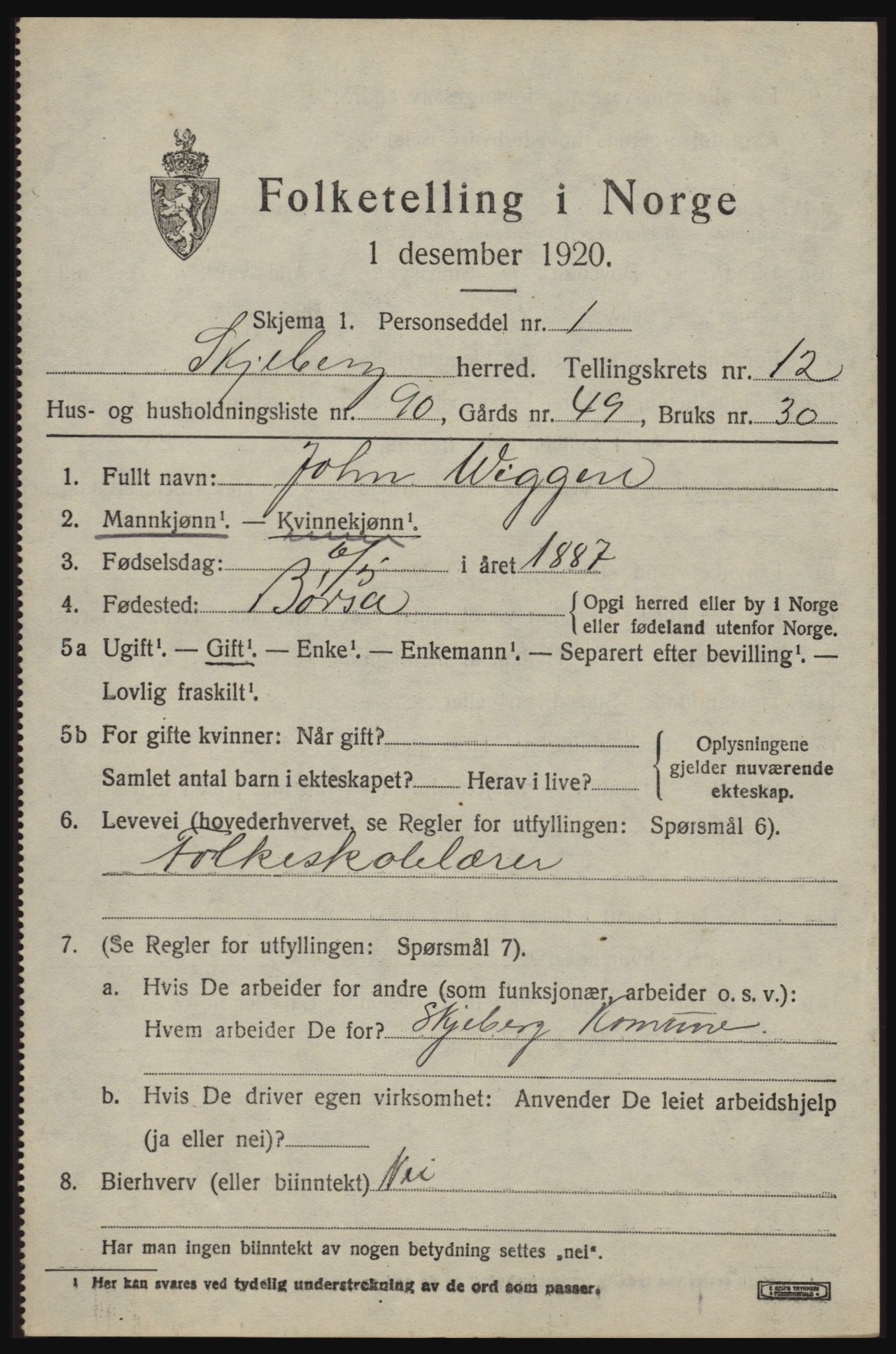 SAO, 1920 census for Skjeberg, 1920, p. 11629