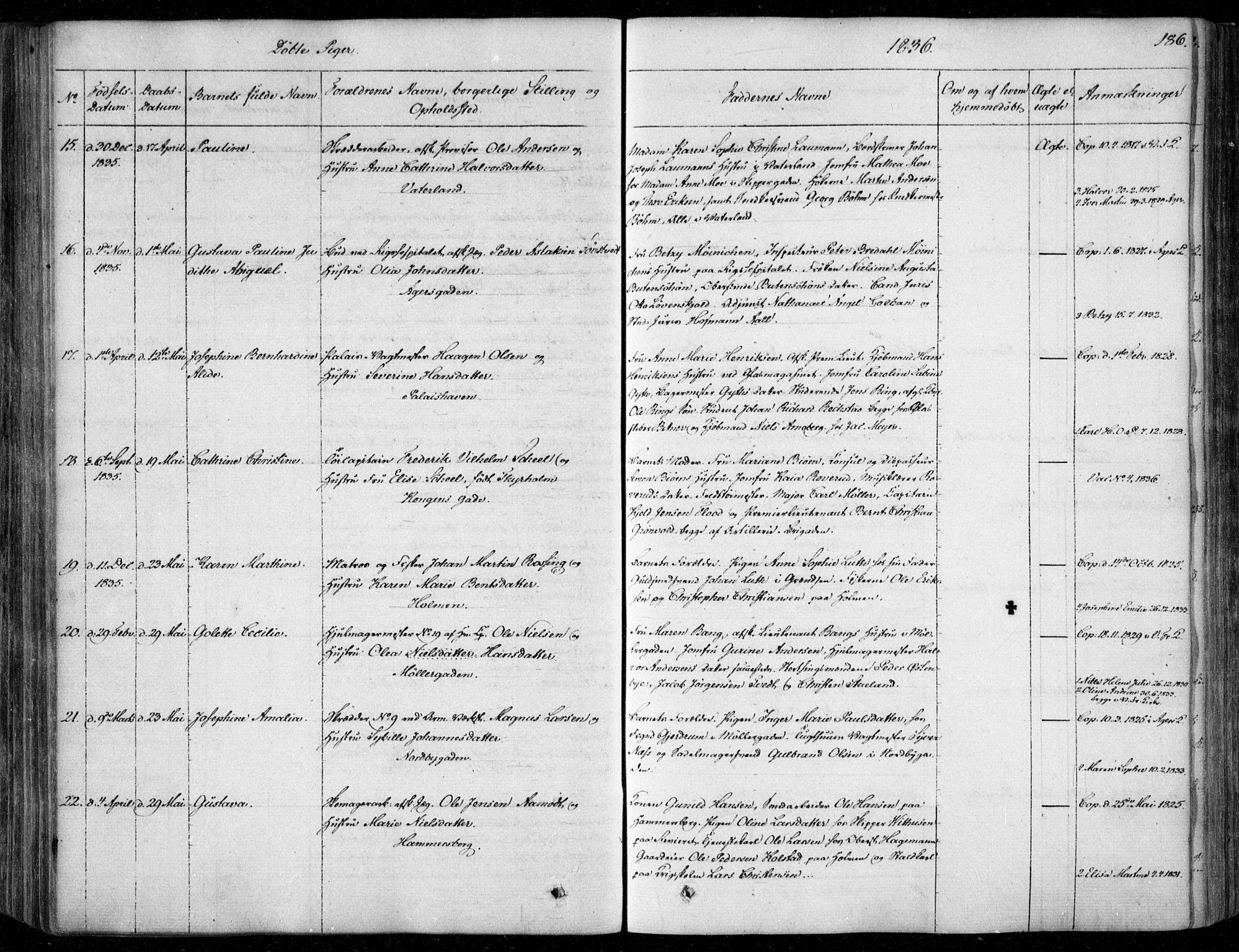 Garnisonsmenigheten Kirkebøker, SAO/A-10846/F/Fa/L0006: Parish register (official) no. 6, 1828-1841, p. 186