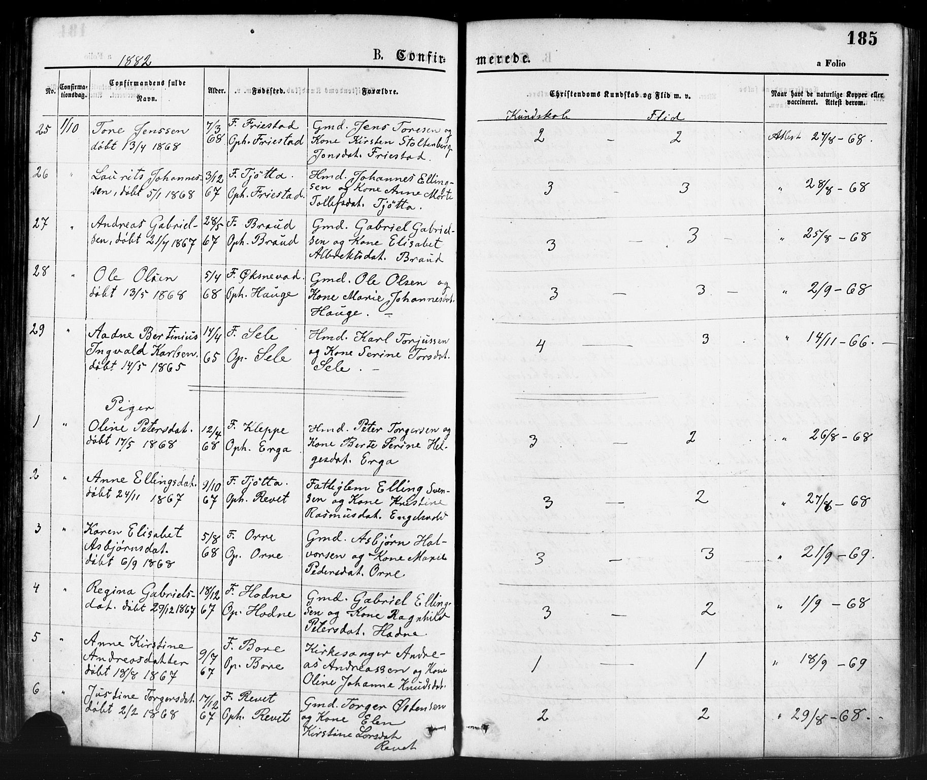 Klepp sokneprestkontor, AV/SAST-A-101803/001/3/30BA/L0006: Parish register (official) no. A 6, 1871-1885, p. 185