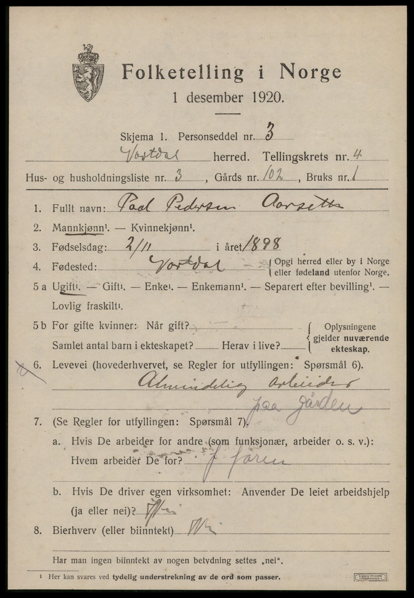 SAT, 1920 census for Vartdal, 1920, p. 1683