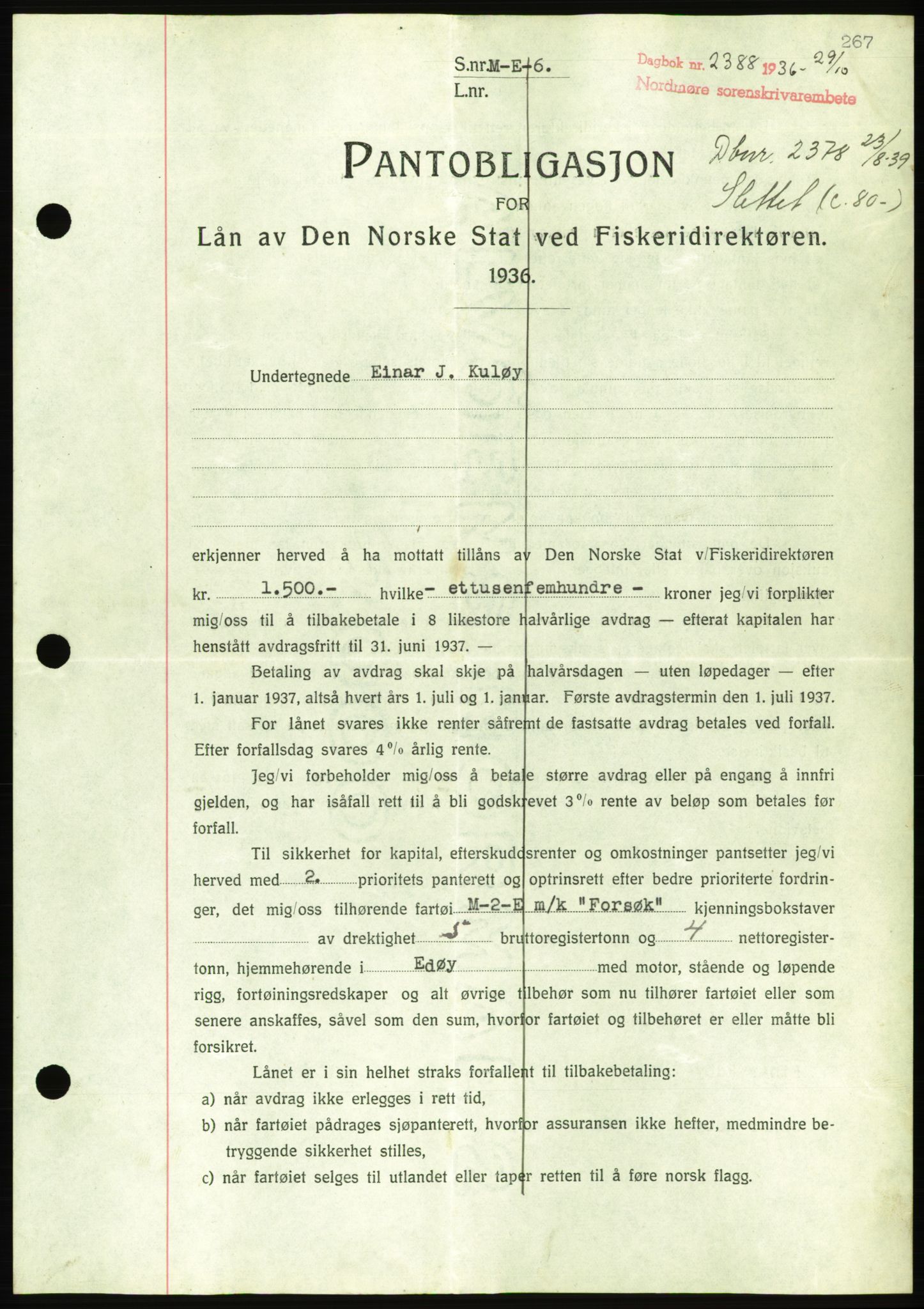 Nordmøre sorenskriveri, AV/SAT-A-4132/1/2/2Ca/L0090: Mortgage book no. B80, 1936-1937, Diary no: : 2388/1936