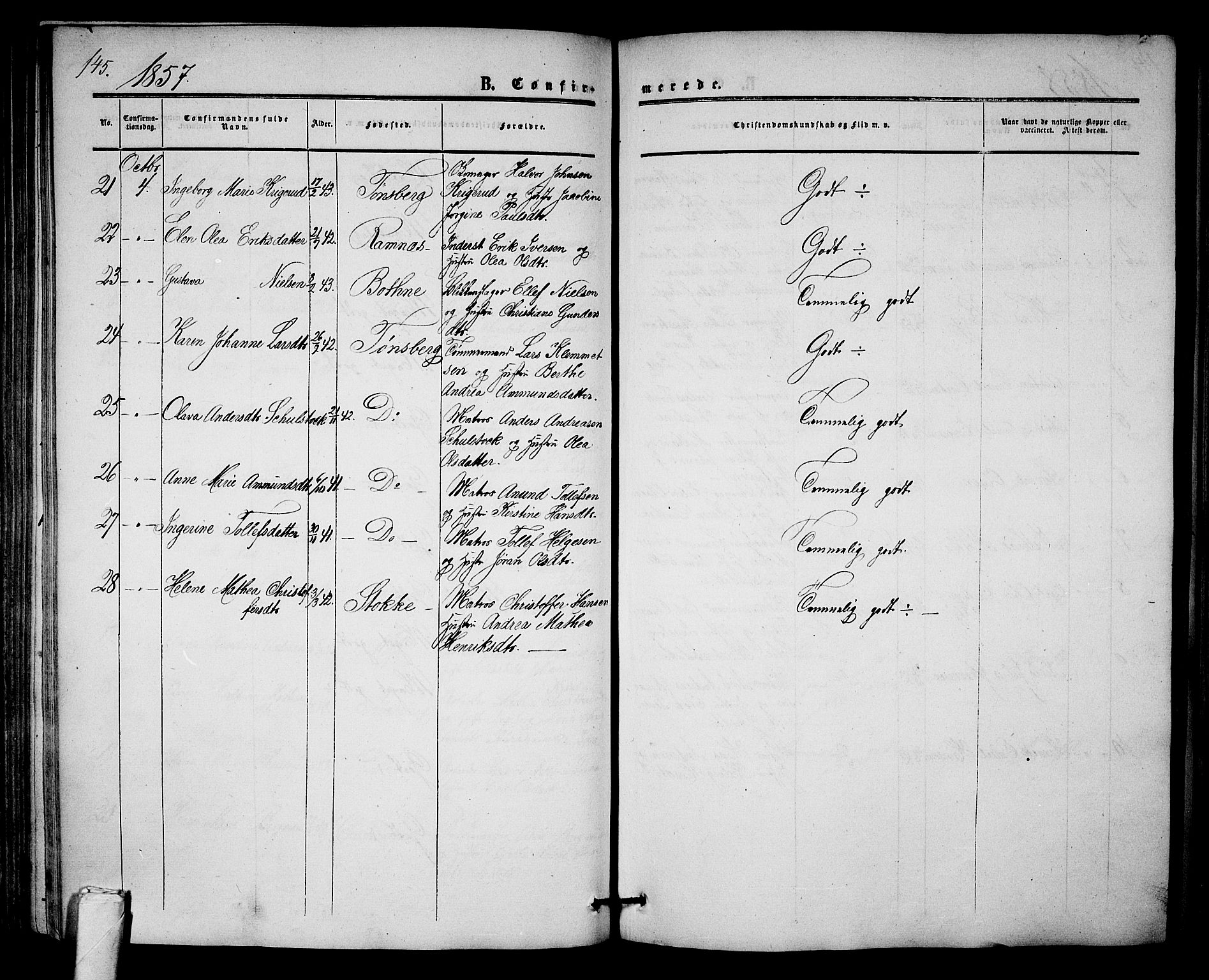 Tønsberg kirkebøker, AV/SAKO-A-330/G/Ga/L0003: Parish register (copy) no. 3, 1855-1864, p. 145