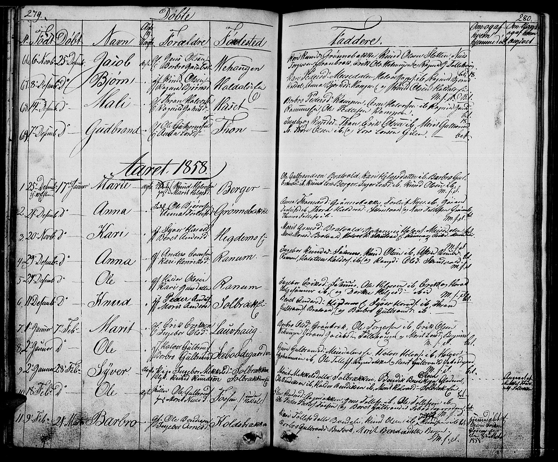 Nord-Aurdal prestekontor, SAH/PREST-132/H/Ha/Hab/L0001: Parish register (copy) no. 1, 1834-1887, p. 279-280
