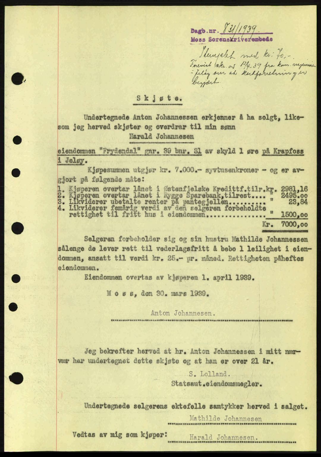 Moss sorenskriveri, SAO/A-10168: Mortgage book no. A5, 1938-1939, Diary no: : 831/1939