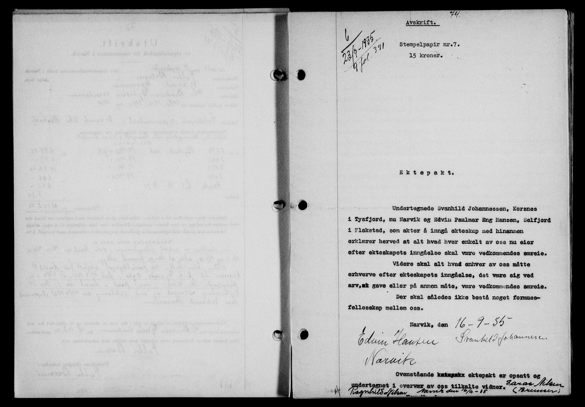 Narvik sorenskriveri, AV/SAT-A-0002/1/2/2C/2Ca/L0011: Mortgage book no. 14, 1935-1937, Deed date: 23.09.1935