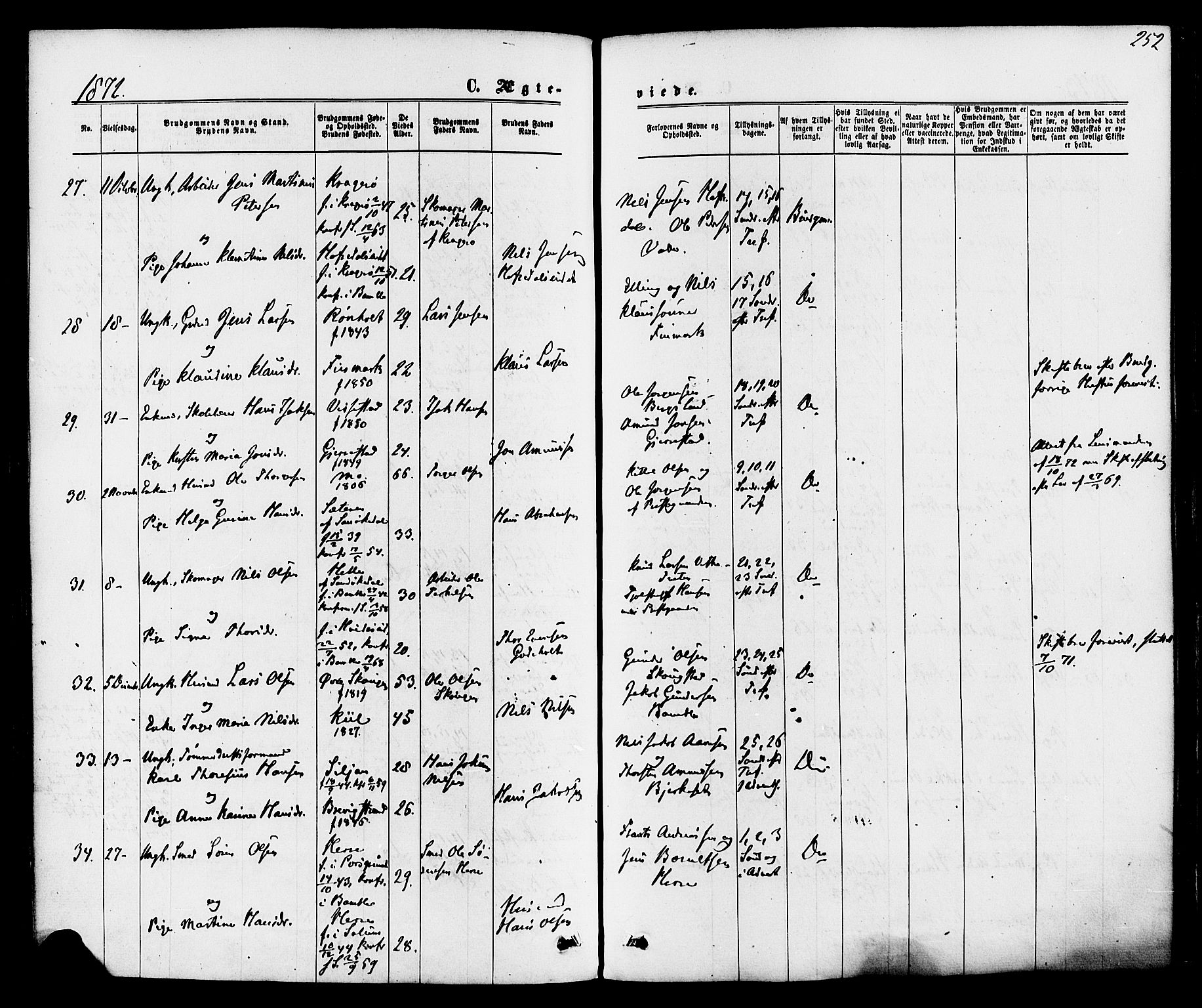 Bamble kirkebøker, AV/SAKO-A-253/F/Fa/L0006: Parish register (official) no. I 6, 1869-1877, p. 252