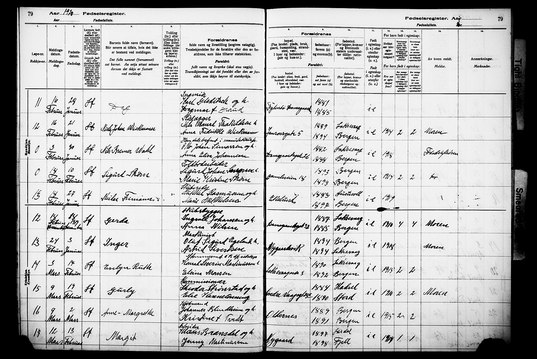Laksevåg Sokneprestembete, AV/SAB-A-76501/I/Id/L00A1: Birth register no. A 1, 1916-1926, p. 79