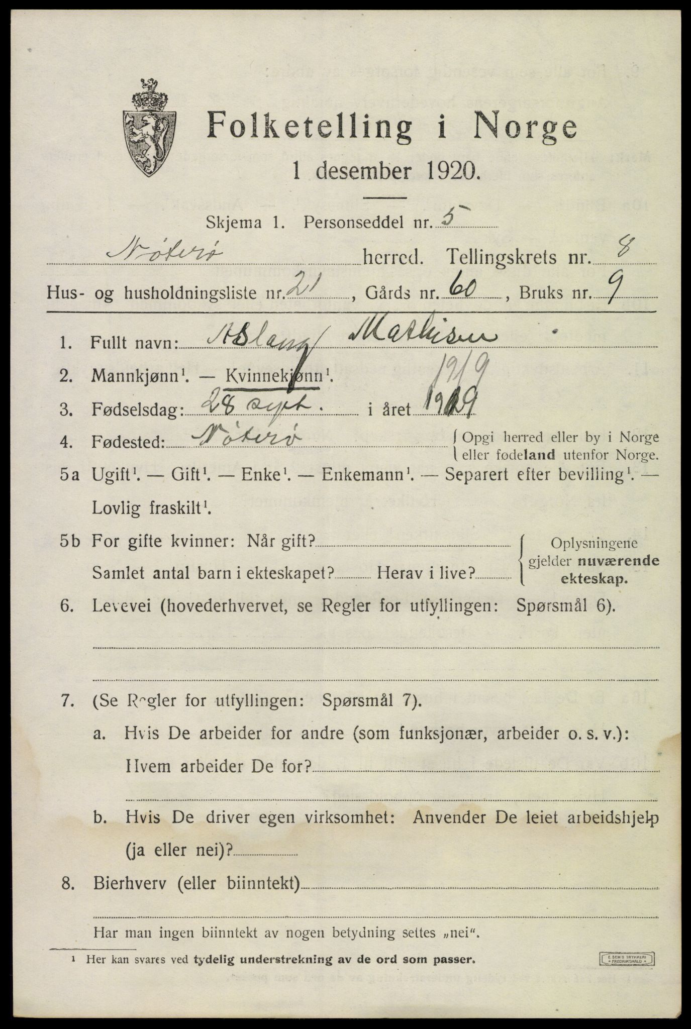 SAKO, 1920 census for Nøtterøy, 1920, p. 10627
