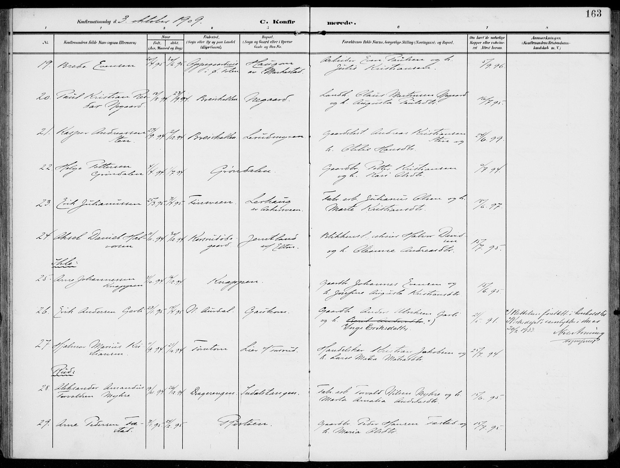 Vestre Toten prestekontor, AV/SAH-PREST-108/H/Ha/Haa/L0014: Parish register (official) no. 14, 1907-1920, p. 163