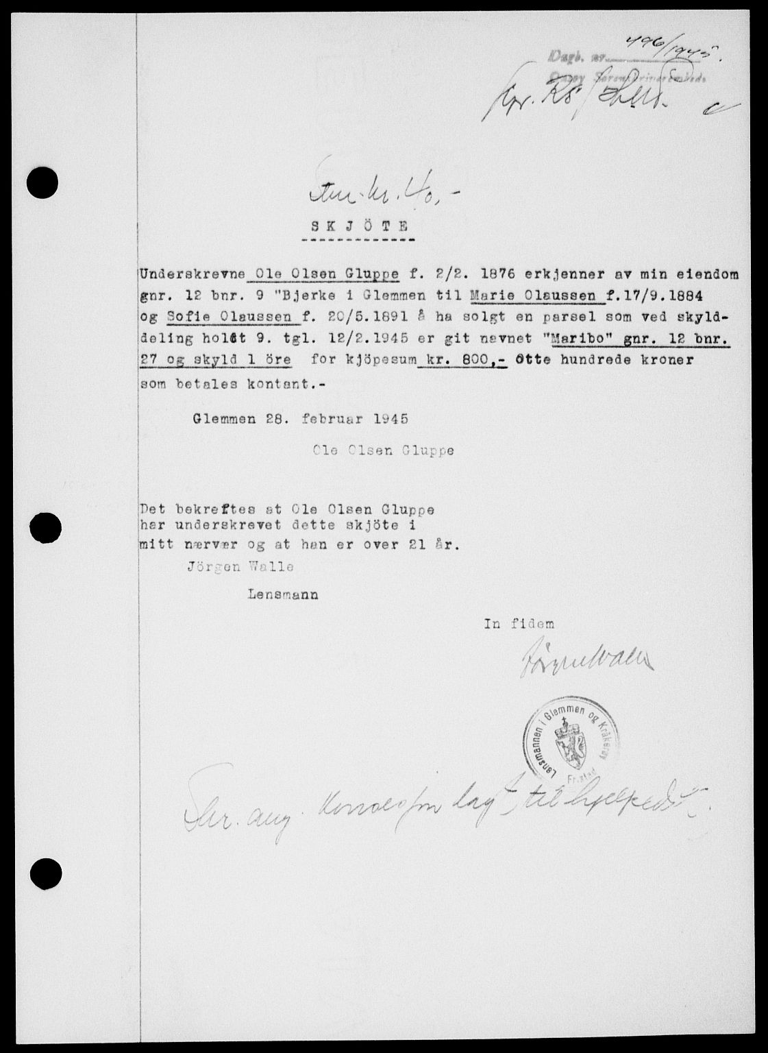 Onsøy sorenskriveri, SAO/A-10474/G/Ga/Gab/L0014: Mortgage book no. II A-14, 1944-1945, Diary no: : 496/1945