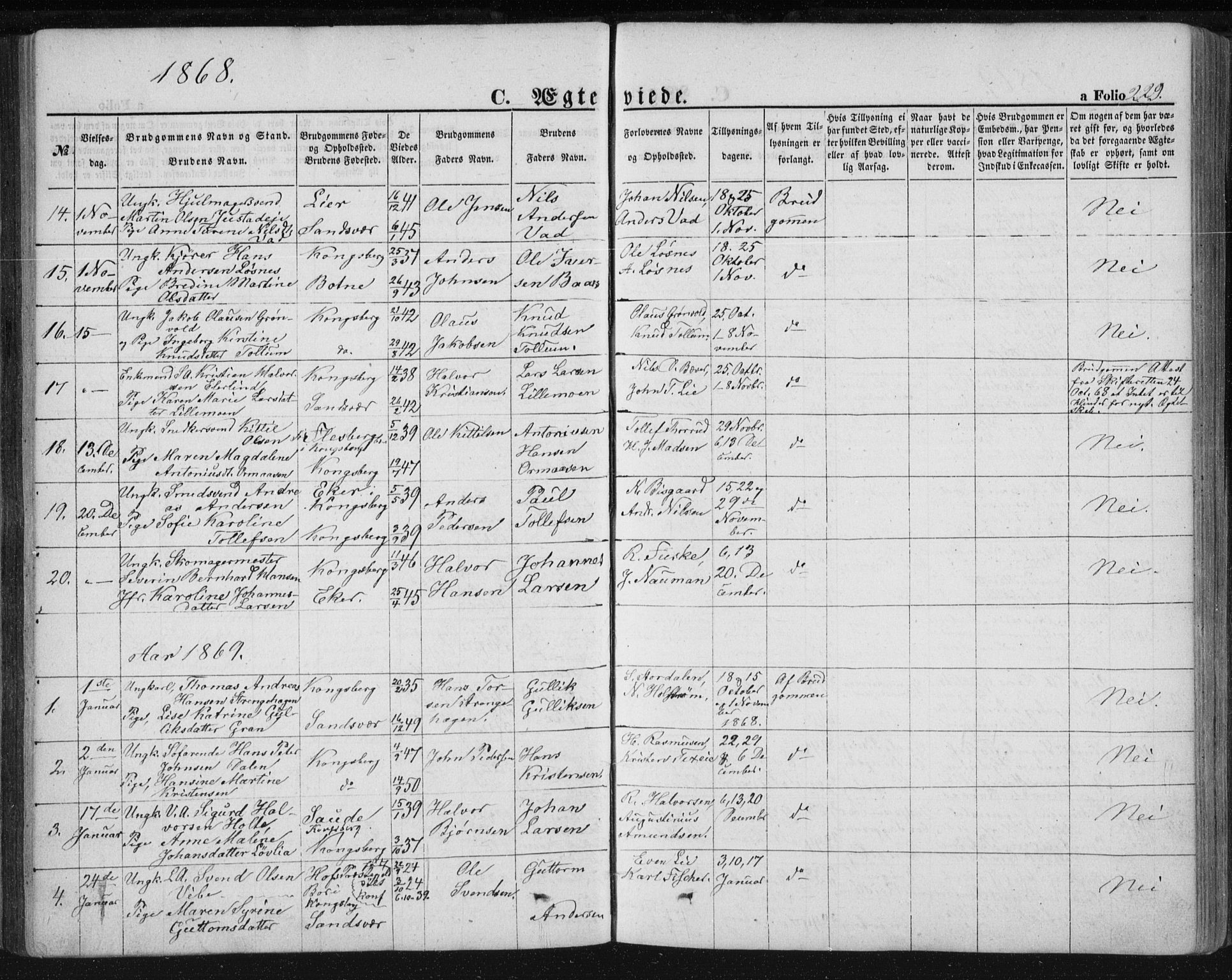 Kongsberg kirkebøker, SAKO/A-22/F/Fa/L0010: Parish register (official) no. I 10, 1859-1875, p. 229
