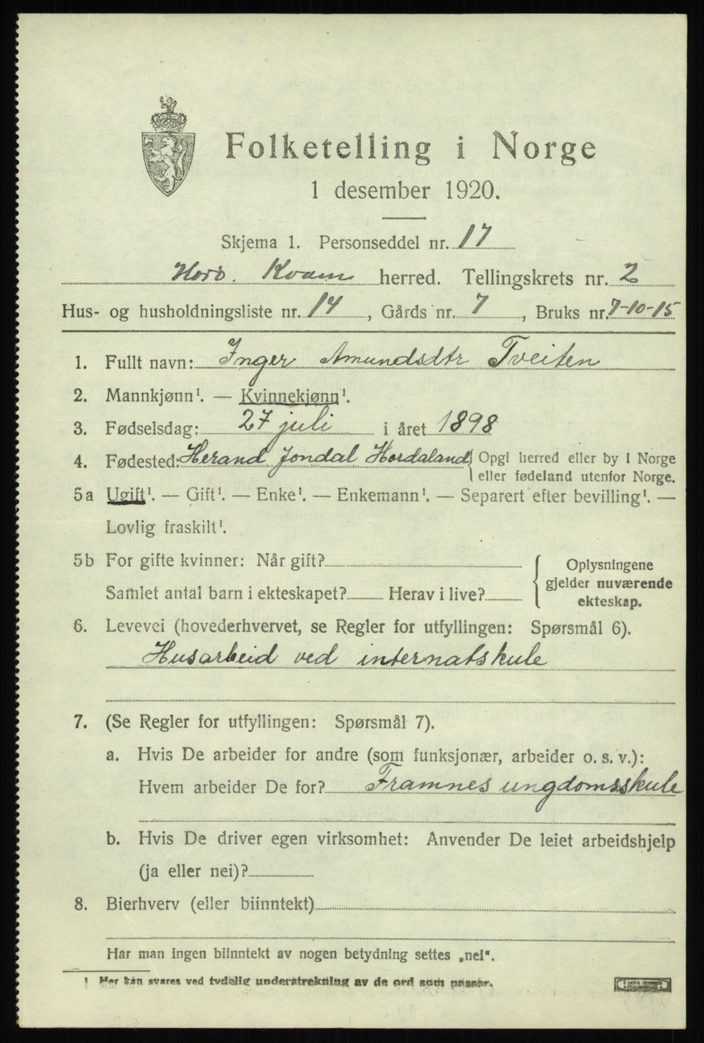 SAB, 1920 census for Kvam, 1920, p. 2003