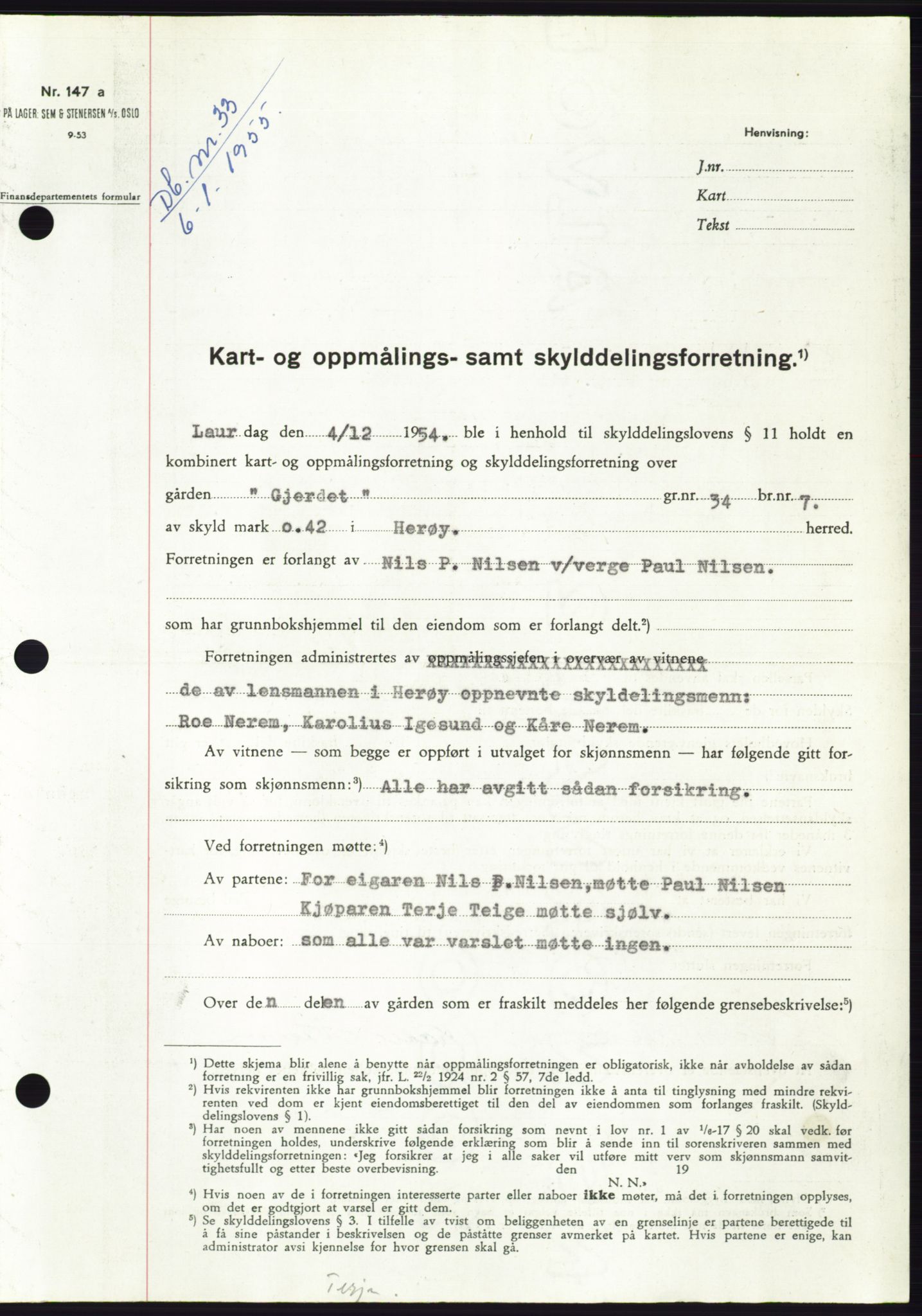 Søre Sunnmøre sorenskriveri, AV/SAT-A-4122/1/2/2C/L0100: Mortgage book no. 26A, 1954-1955, Diary no: : 33/1955