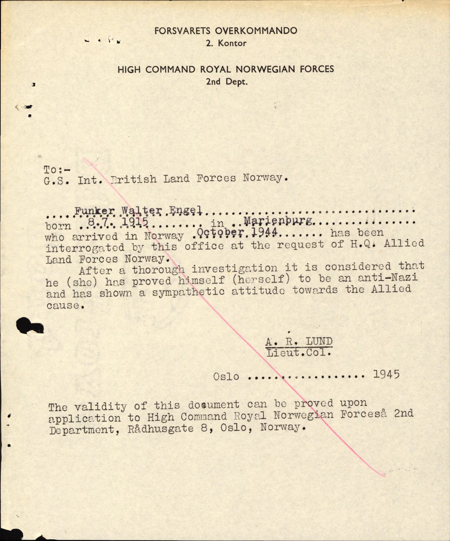 Forsvaret, Forsvarets overkommando II, RA/RAFA-3915/D/Db/L0007: CI Questionaires. Tyske okkupasjonsstyrker i Norge. Tyskere., 1945-1946, p. 220