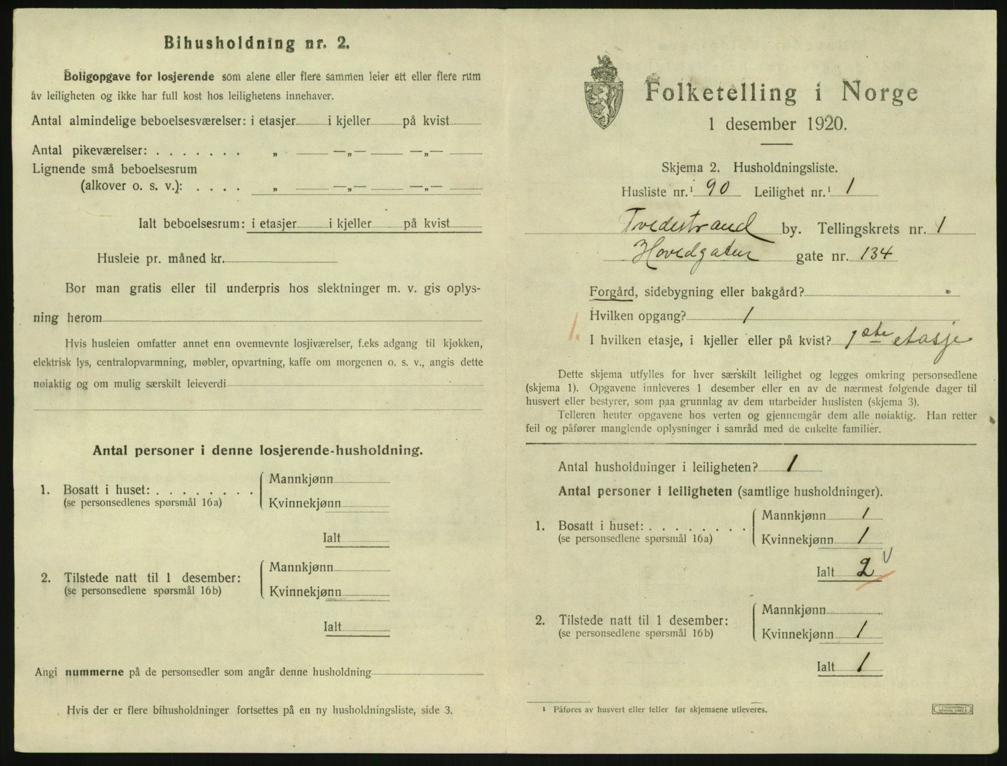 SAK, 1920 census for Tvedestrand, 1920, p. 865