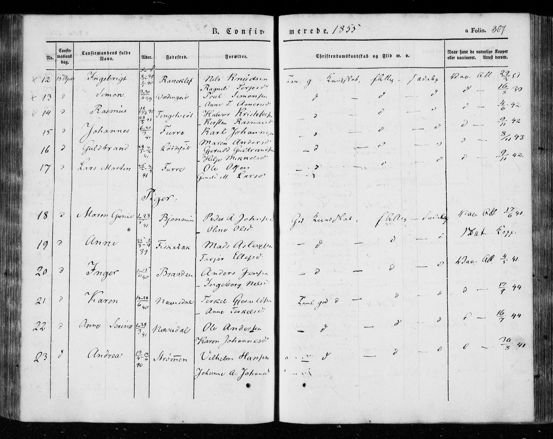 Øyestad sokneprestkontor, AV/SAK-1111-0049/F/Fa/L0014: Parish register (official) no. A 14, 1843-1856, p. 307