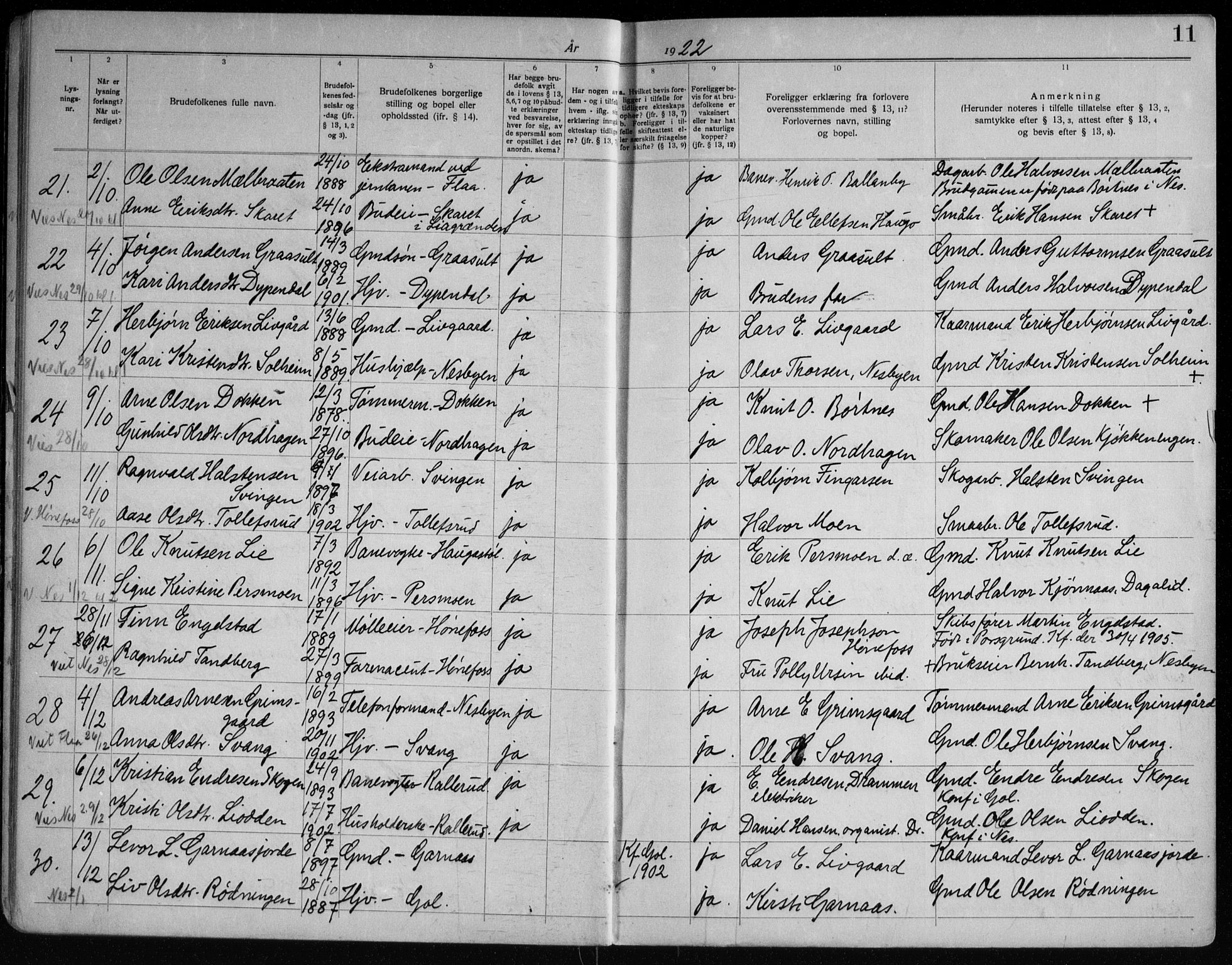 Nes kirkebøker, AV/SAKO-A-236/H/Ha/L0001: Banns register no. 1, 1919-1954, p. 11