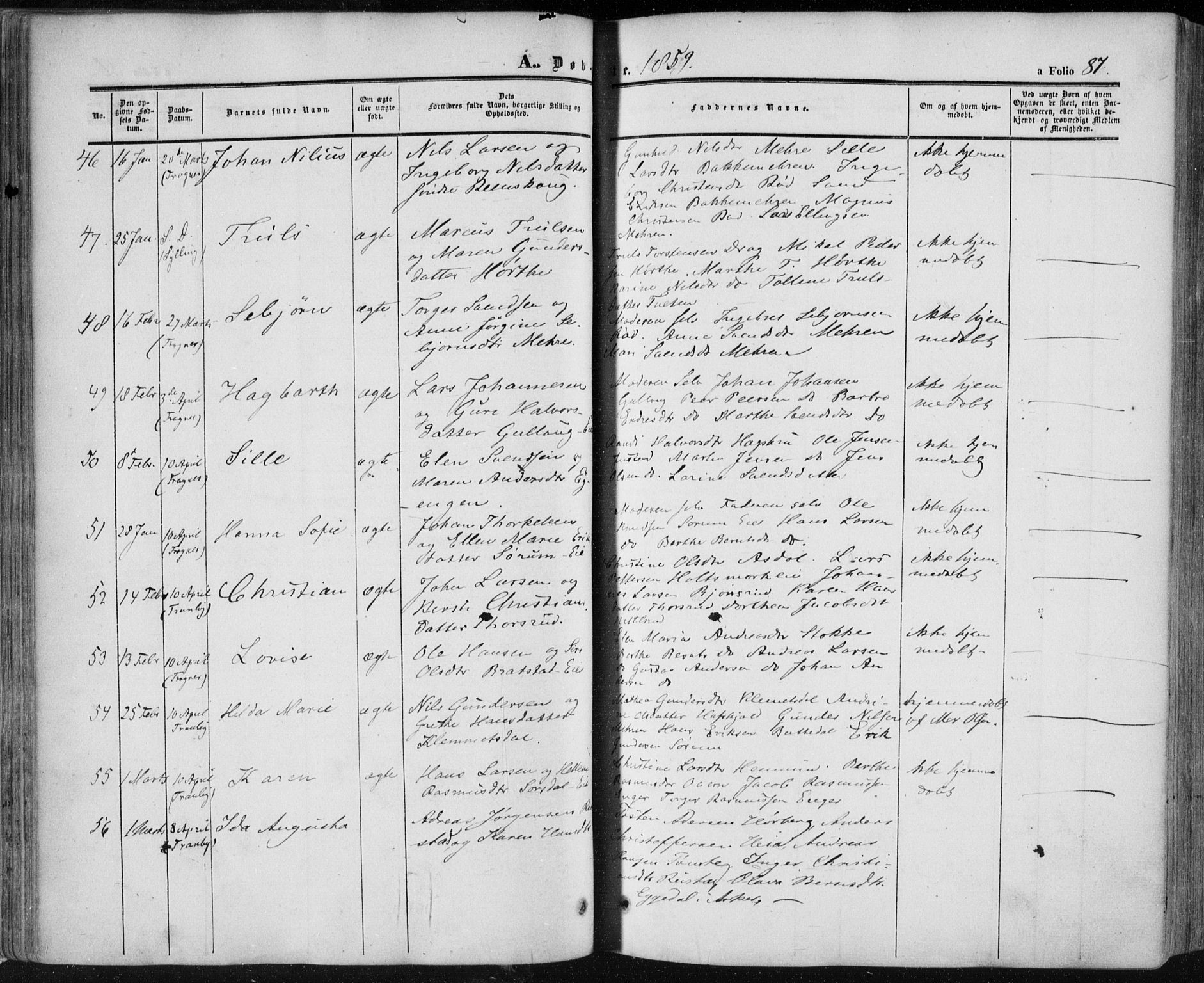 Lier kirkebøker, AV/SAKO-A-230/F/Fa/L0012: Parish register (official) no. I 12, 1854-1864, p. 87