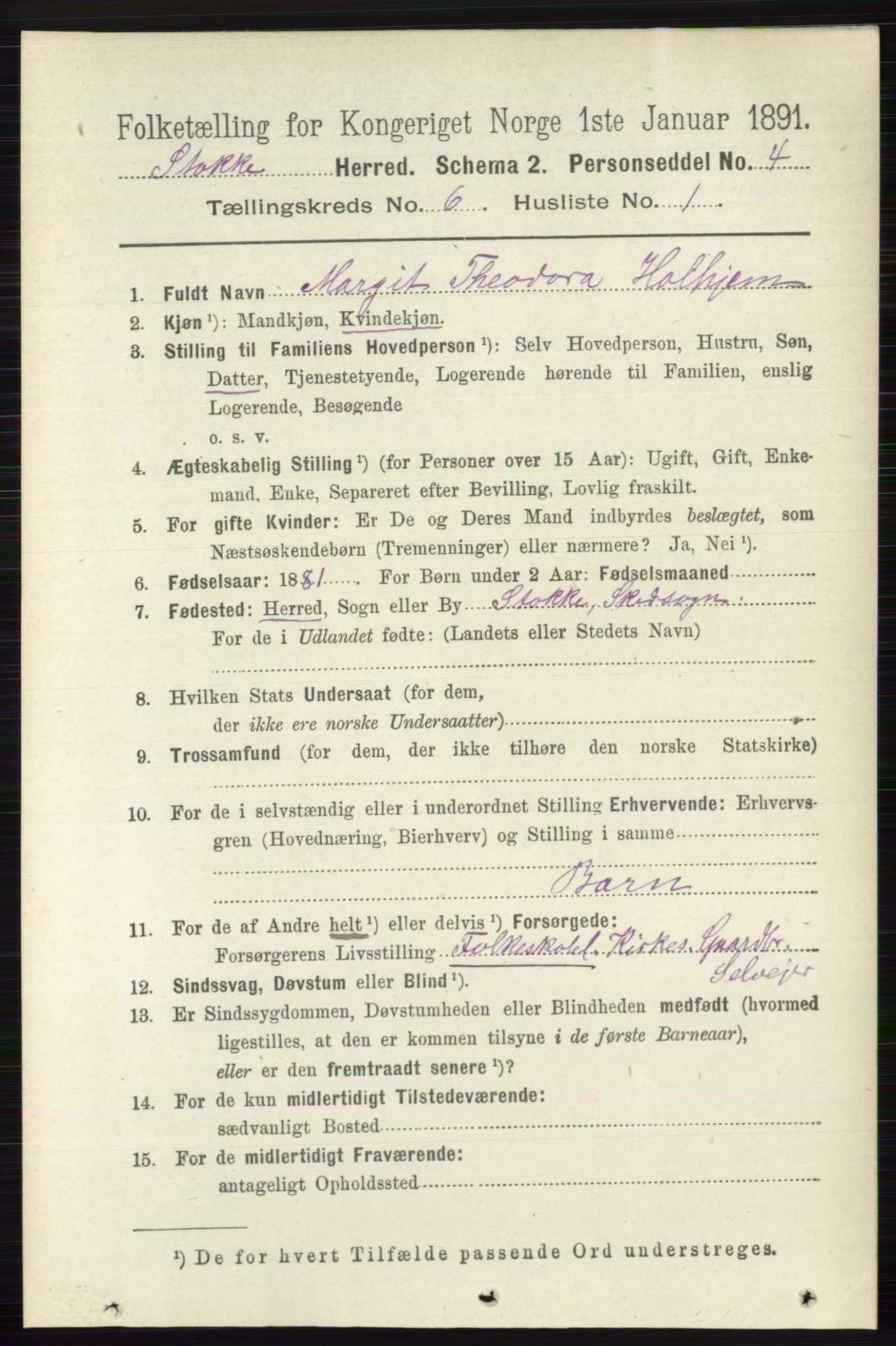 RA, 1891 census for 0720 Stokke, 1891, p. 3795