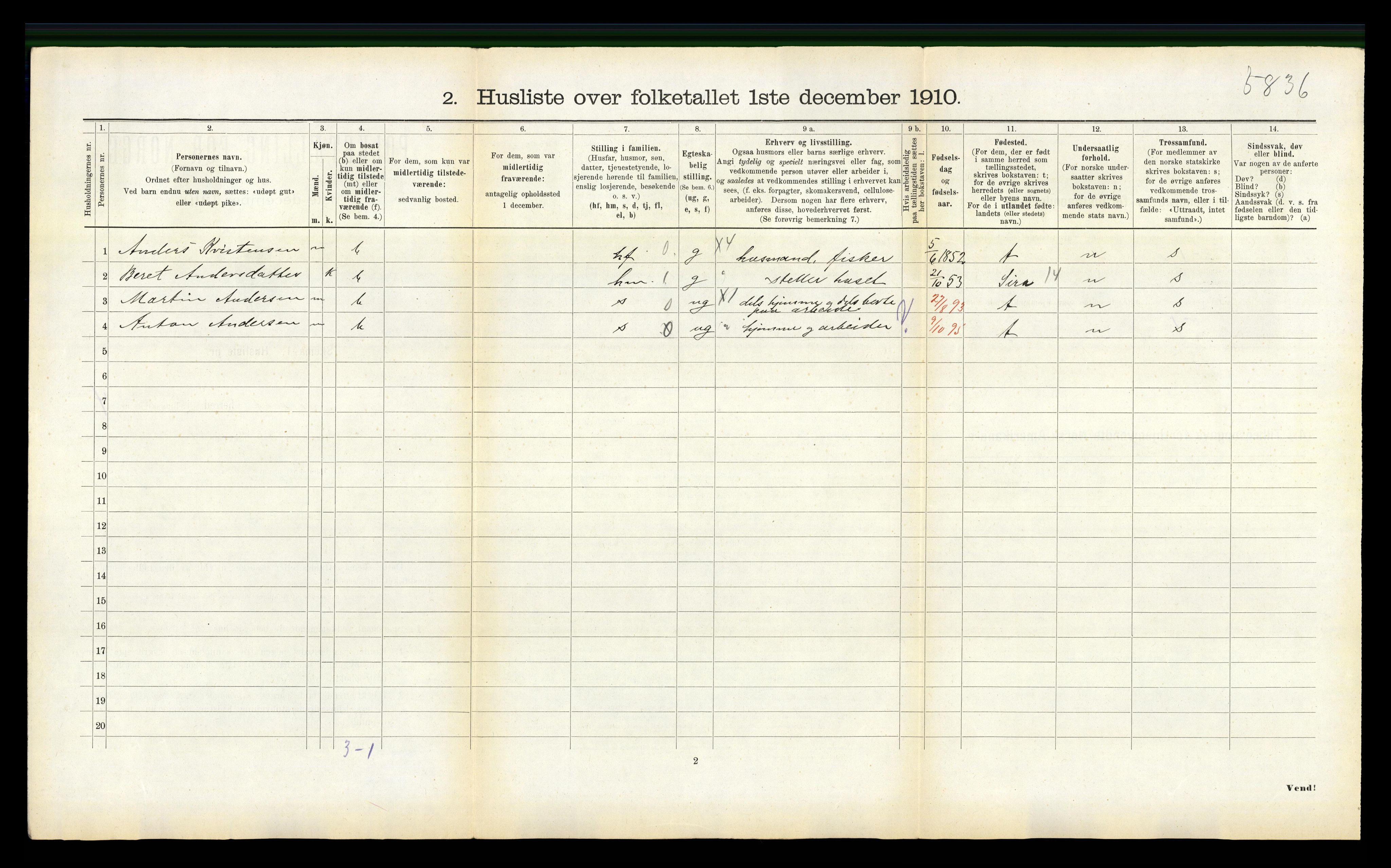 RA, 1910 census for Nesset, 1910, p. 488